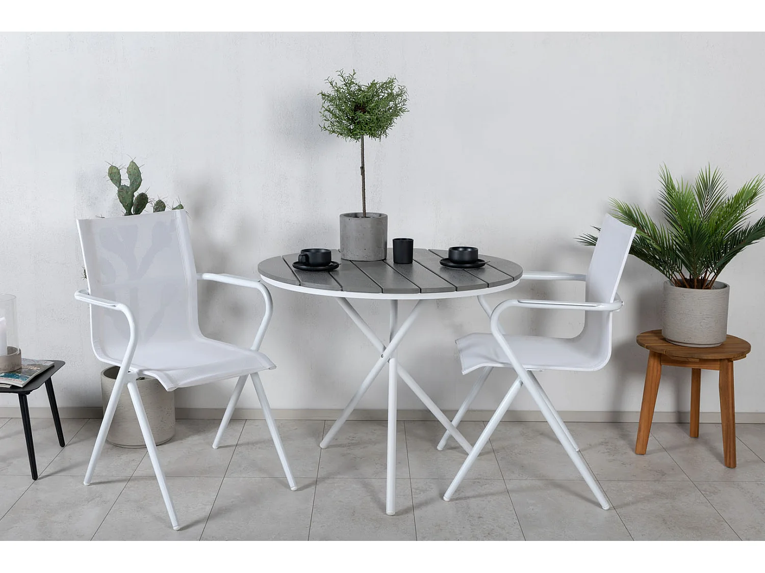 Parma Ensemble table et chaises de jardin, table Ø90cm et 2 chaises Alina, blanc, gris, crème.