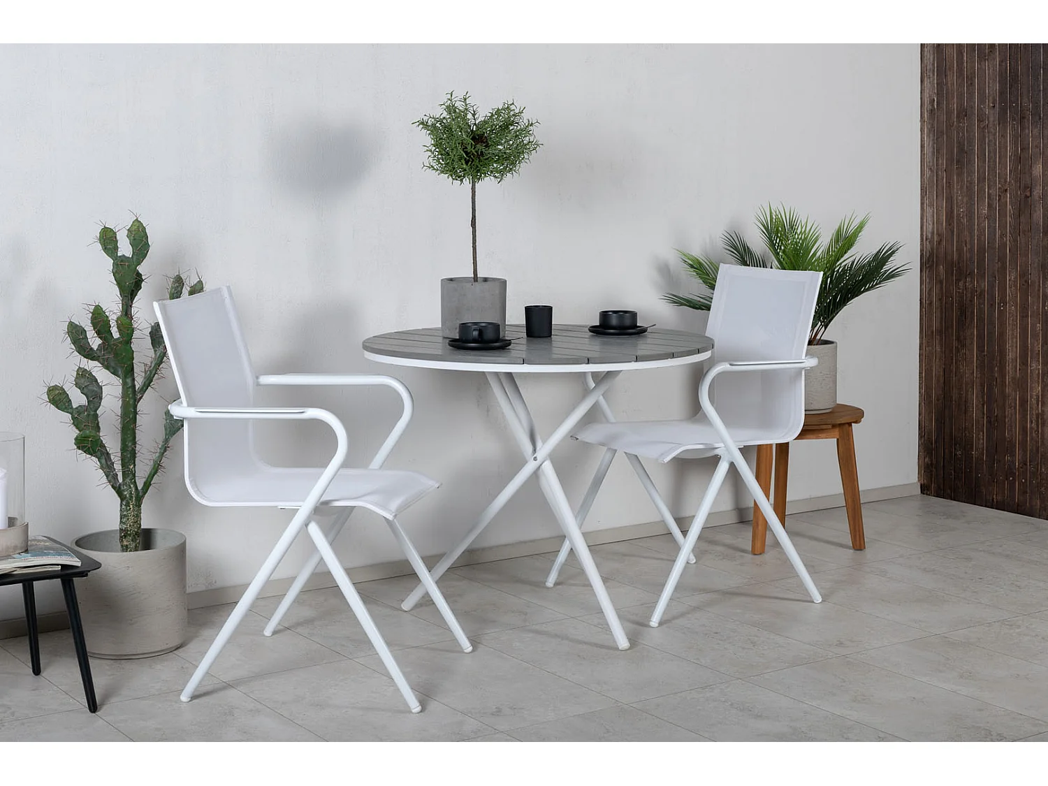 Parma Ensemble table et chaises de jardin, table Ø90cm et 2 chaises Alina, blanc, gris, crème.