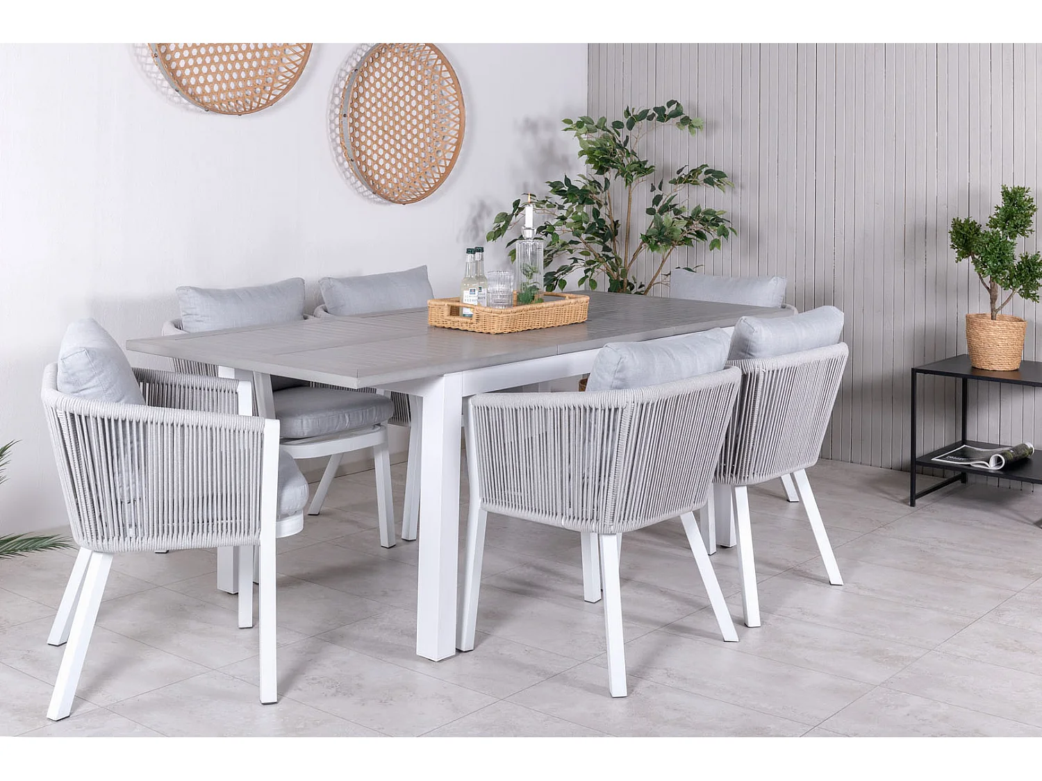 Albany tuinmeubelset tafel 90x152/210cm en 6 stoel Virya wit, grijs, crèmekleur.