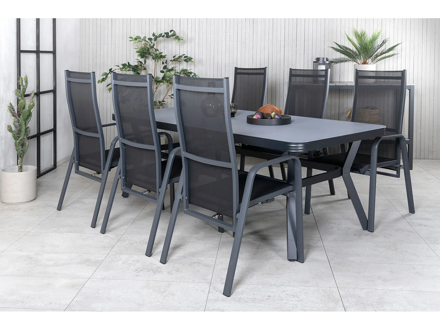 Virya Gartenset Tisch 100x200cm und 6 Stühle Copacabana schwarz, grau.