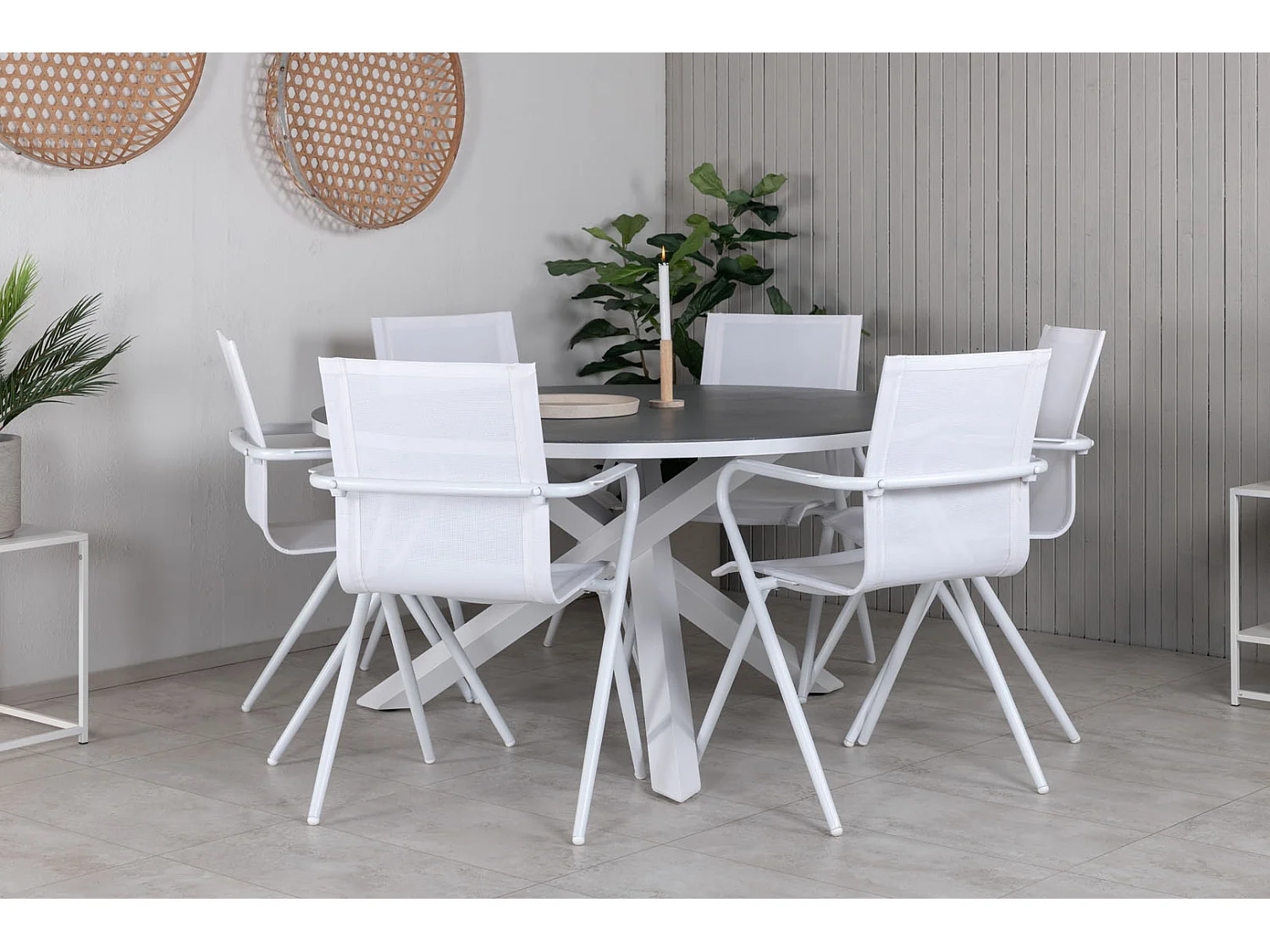 Copacabana Ensemble table et chaises de jardin, table Ø140cm et 6 chaises Alina, blanc, gris, crème.