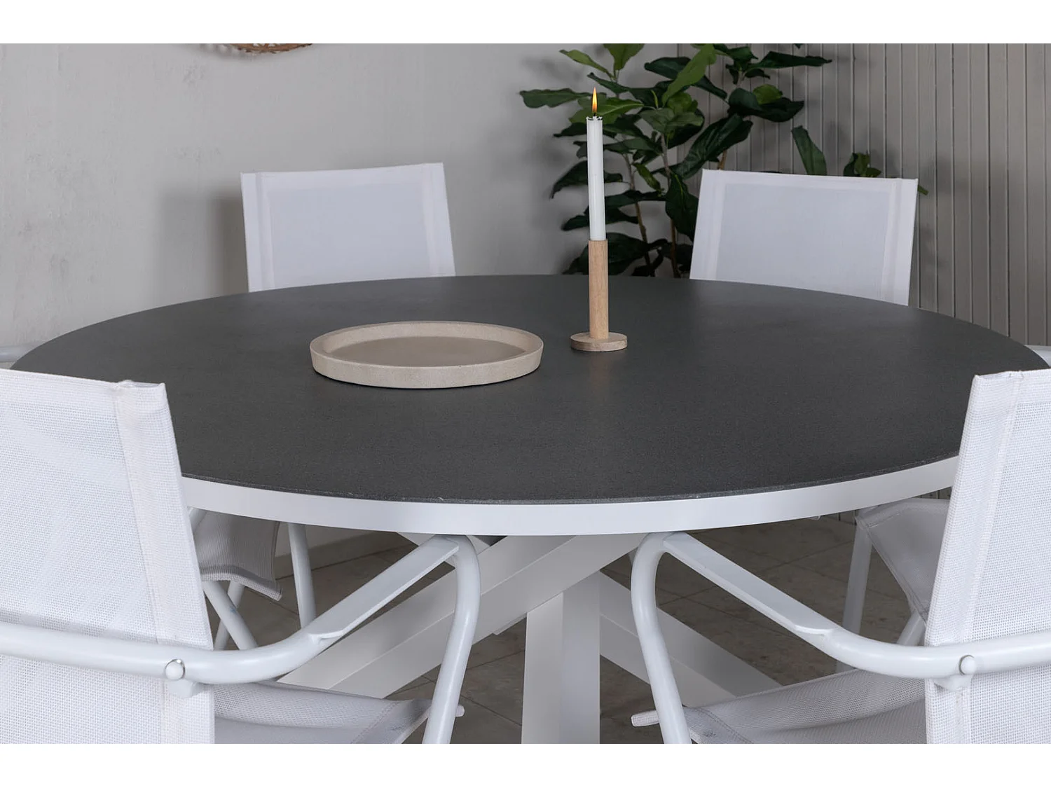 Copacabana Ensemble table et chaises de jardin, table Ø140cm et 6 chaises Alina, blanc, gris, crème.