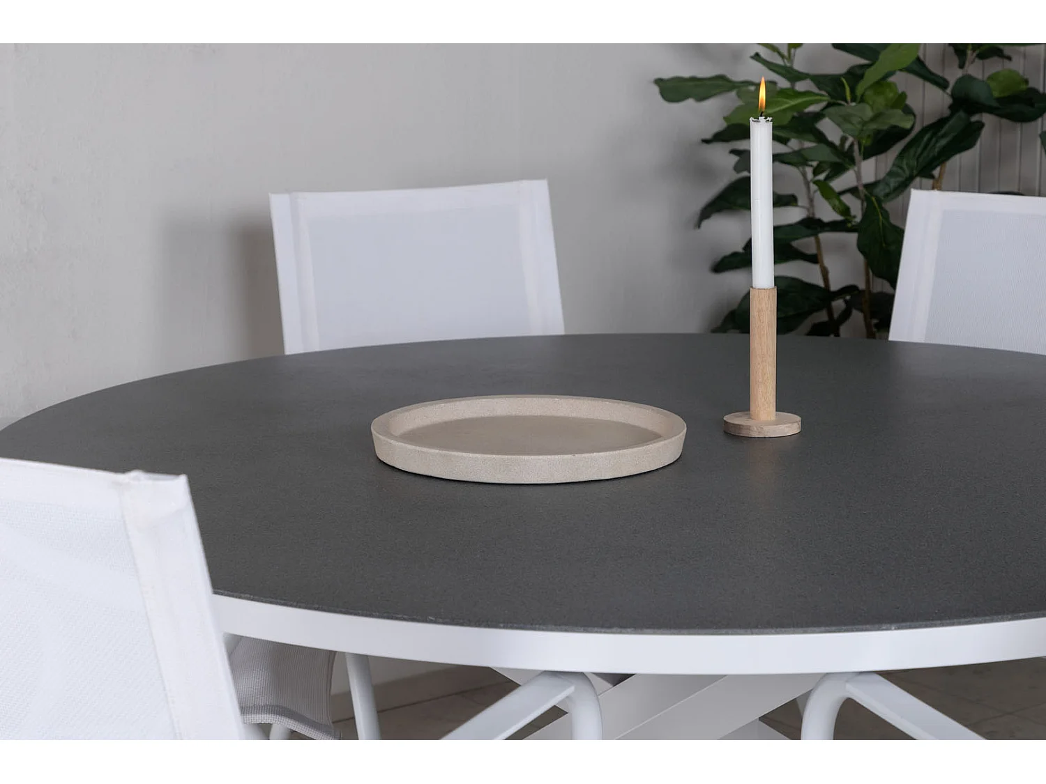 Copacabana Ensemble table et chaises de jardin, table Ø140cm et 6 chaises Alina, blanc, gris, crème.