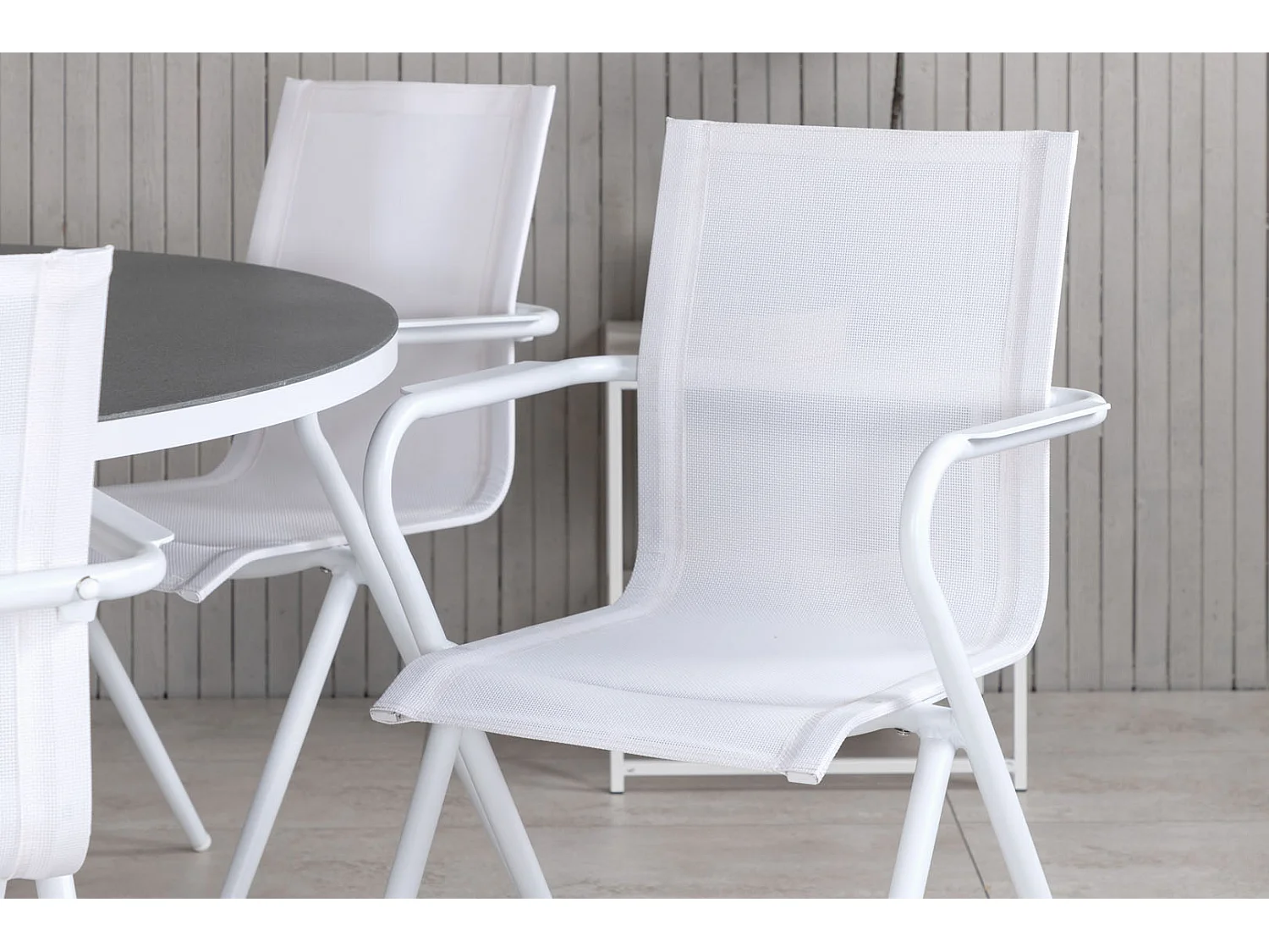 Copacabana Ensemble table et chaises de jardin, table Ø140cm et 6 chaises Alina, blanc, gris, crème.