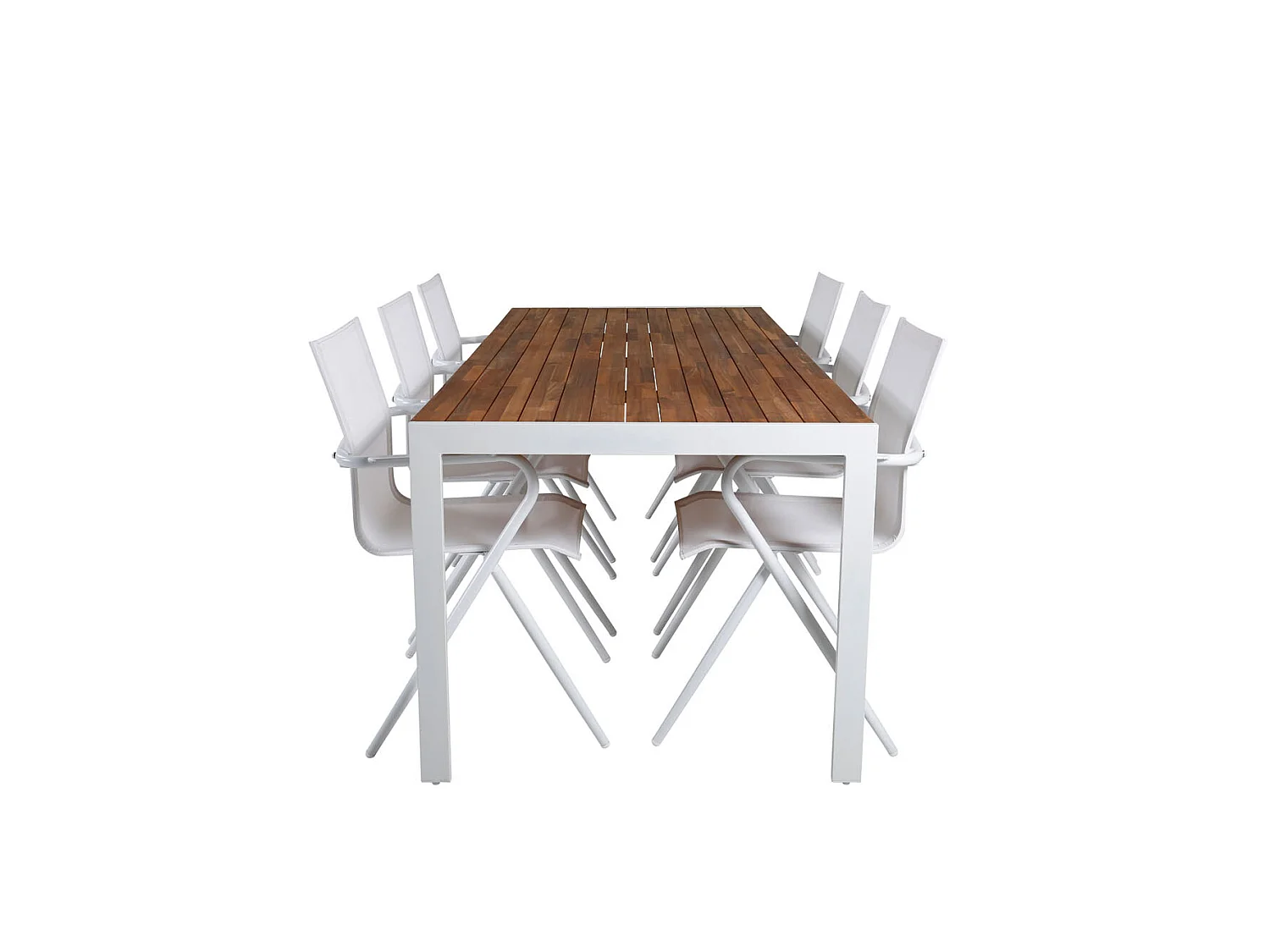 Bois Ensemble table et chaises de jardin, table 90x205cm et 6 chaises Alina, blanc, naturel.