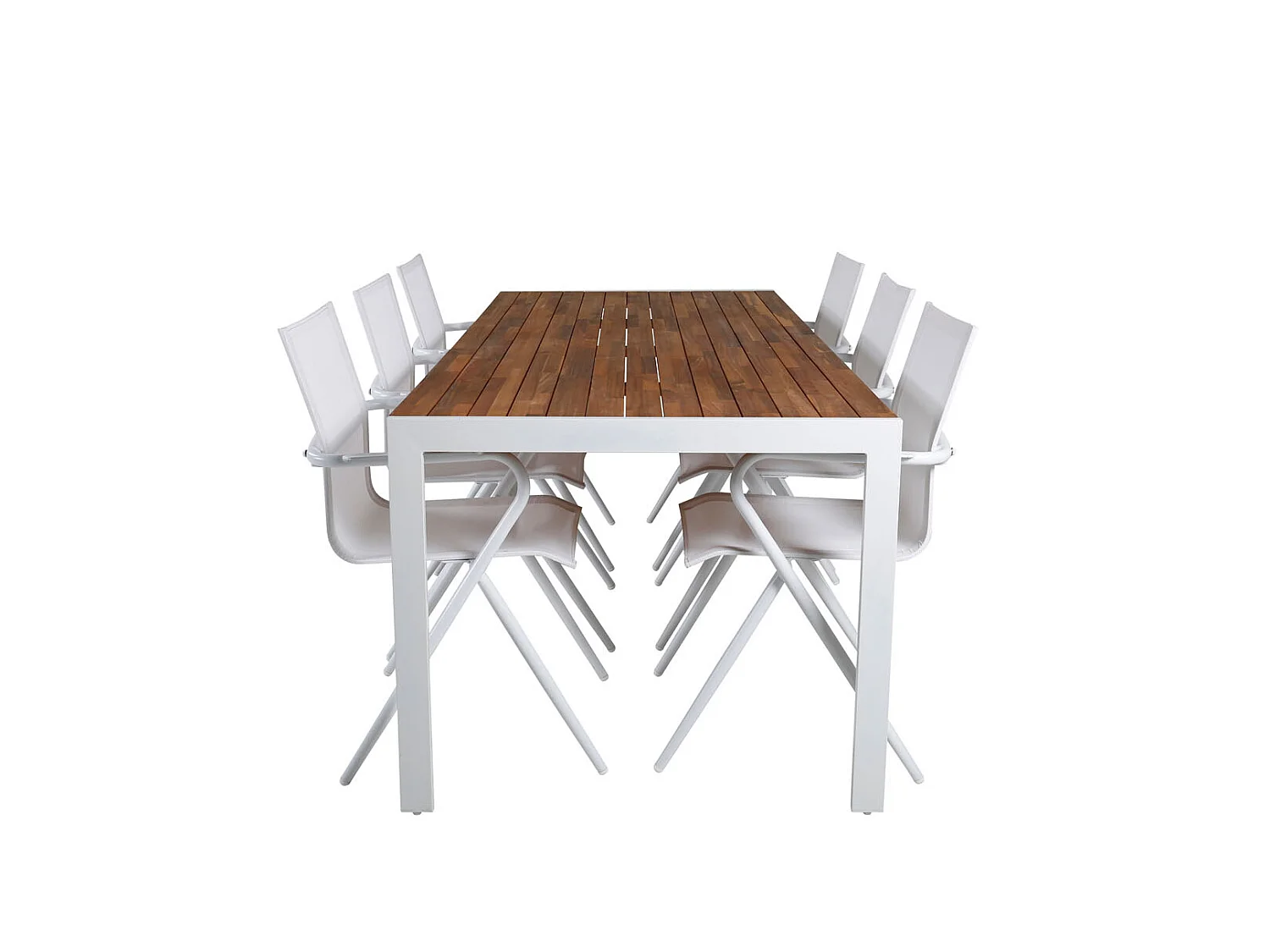 Bois Ensemble table et chaises de jardin, table 90x205cm et 6 chaises Alina, blanc, naturel.