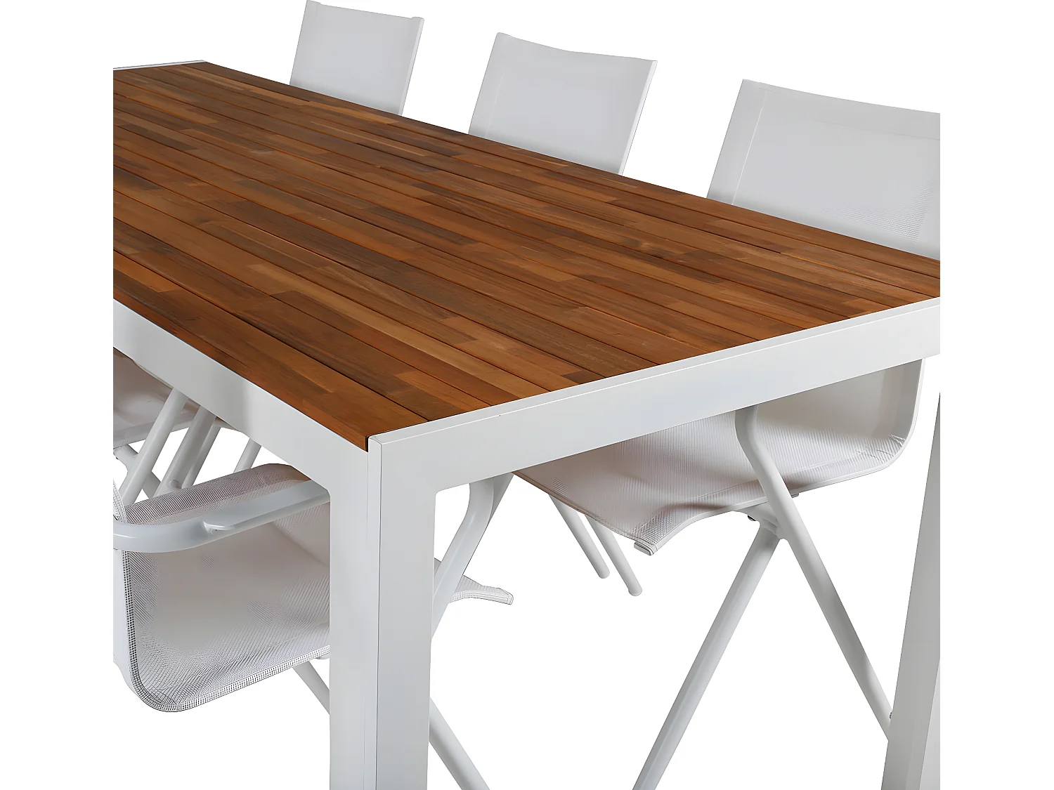 Bois Ensemble table et chaises de jardin, table 90x205cm et 6 chaises Alina, blanc, naturel.