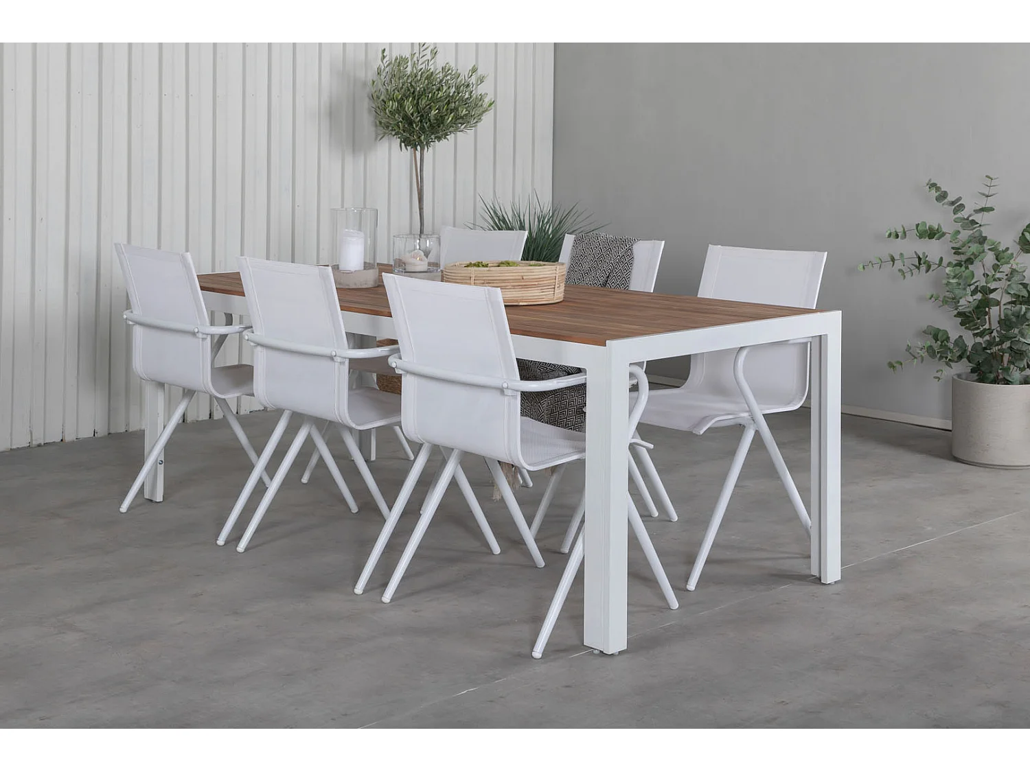 Bois Ensemble table et chaises de jardin, table 90x205cm et 6 chaises Alina, blanc, naturel.