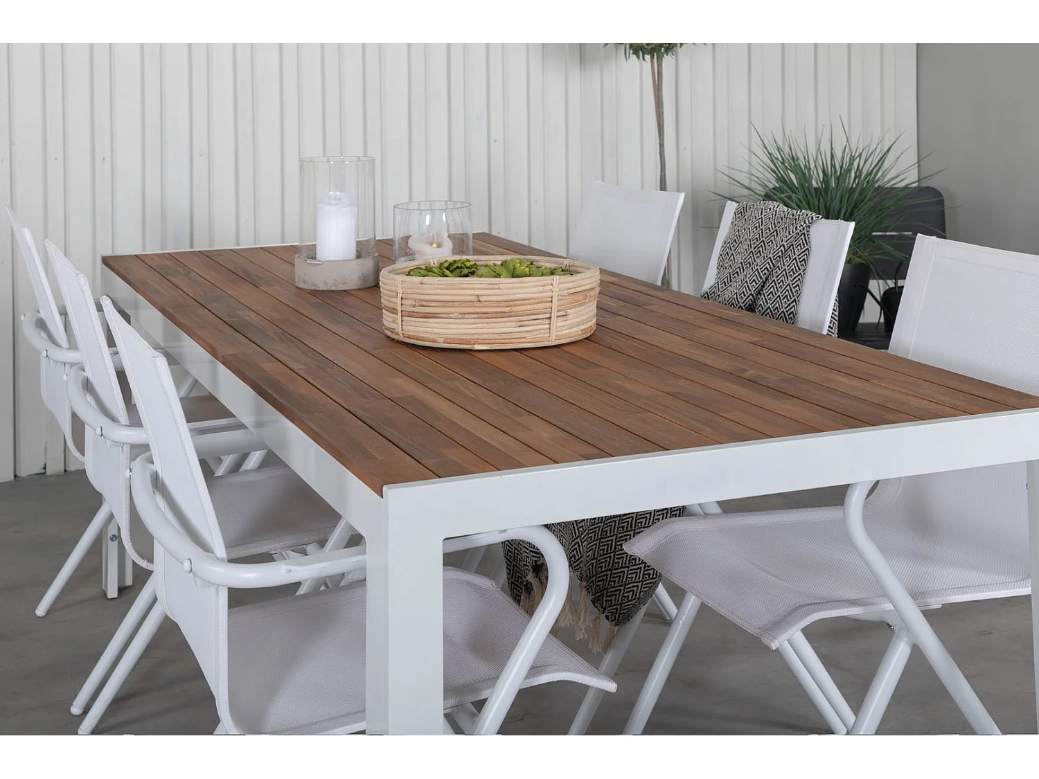 Bois Ensemble table et chaises de jardin, table 90x205cm et 6 chaises Alina, blanc, naturel.