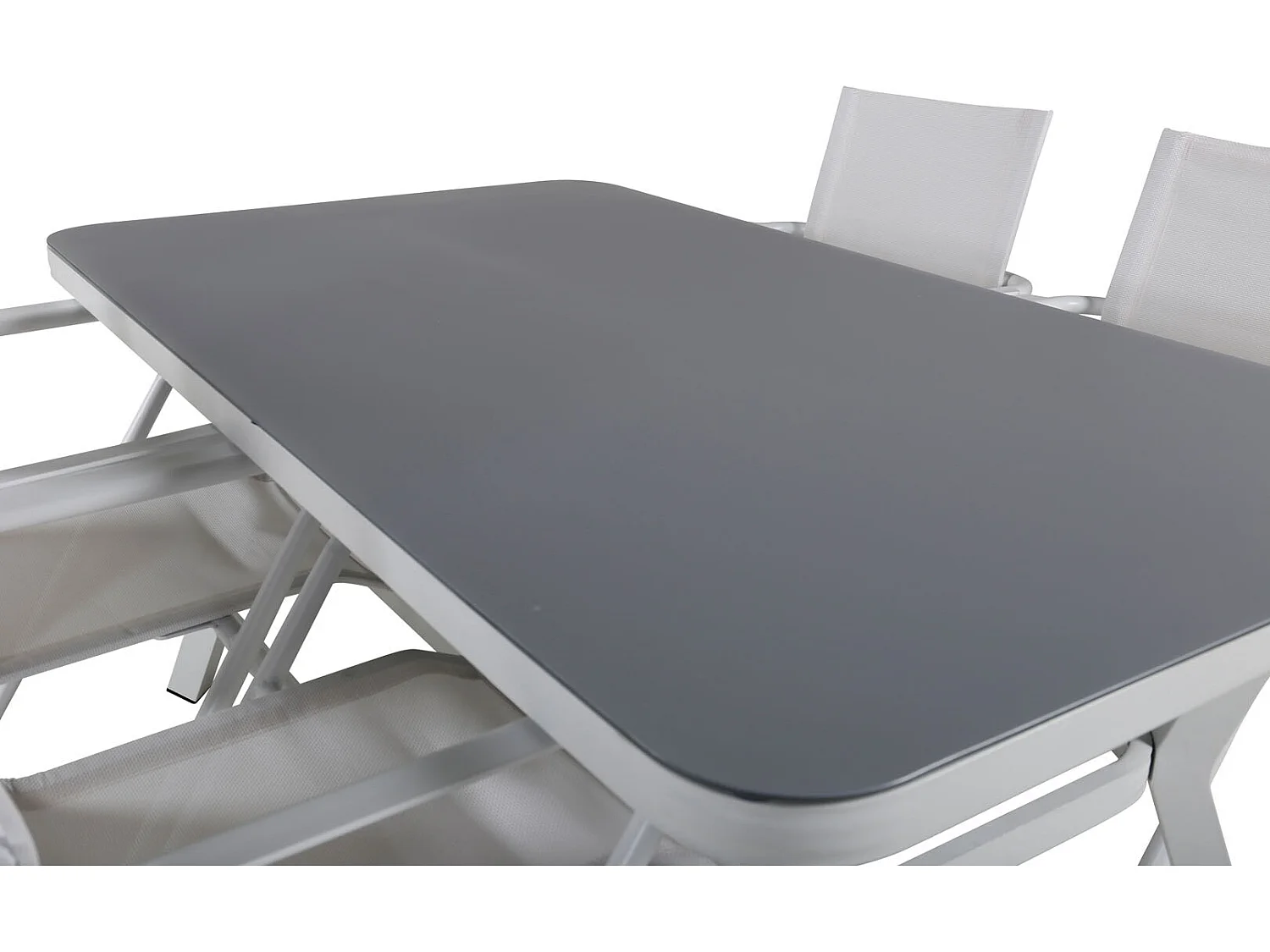 Virya Ensemble table et chaises de jardin, table 90x160cm et 4 chaises alu Alina, blanc, gris.