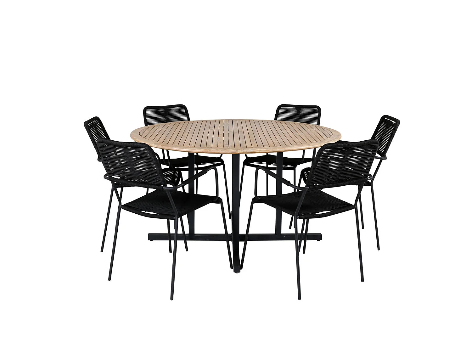 Cruz Ensemble table et chaises de jardin, table Ø140cm et 6 chaises Lindos avec accoudoirs, noir, naturel.