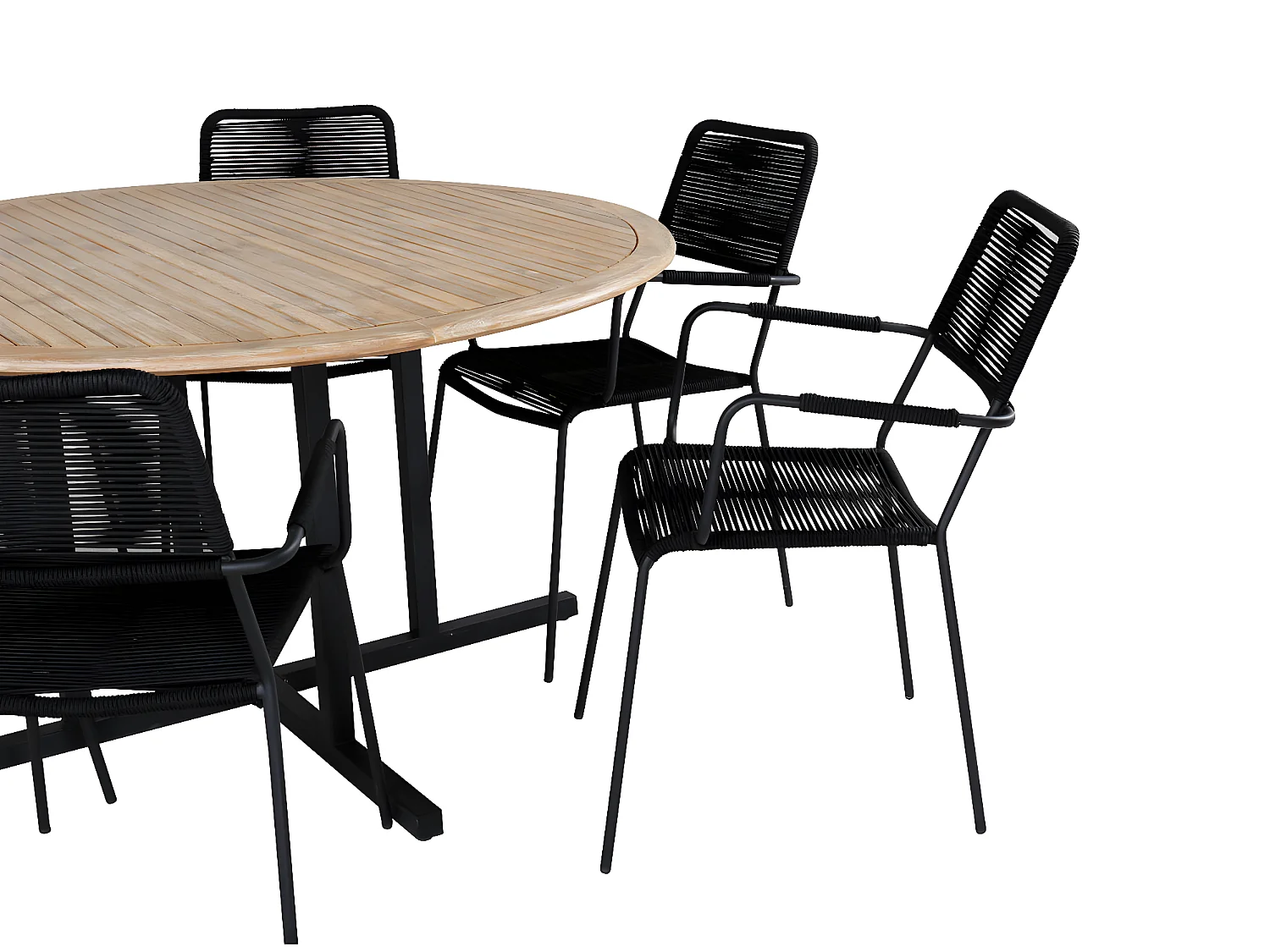 Cruz Ensemble table et chaises de jardin, table Ø140cm et 6 chaises Lindos avec accoudoirs, noir, naturel.