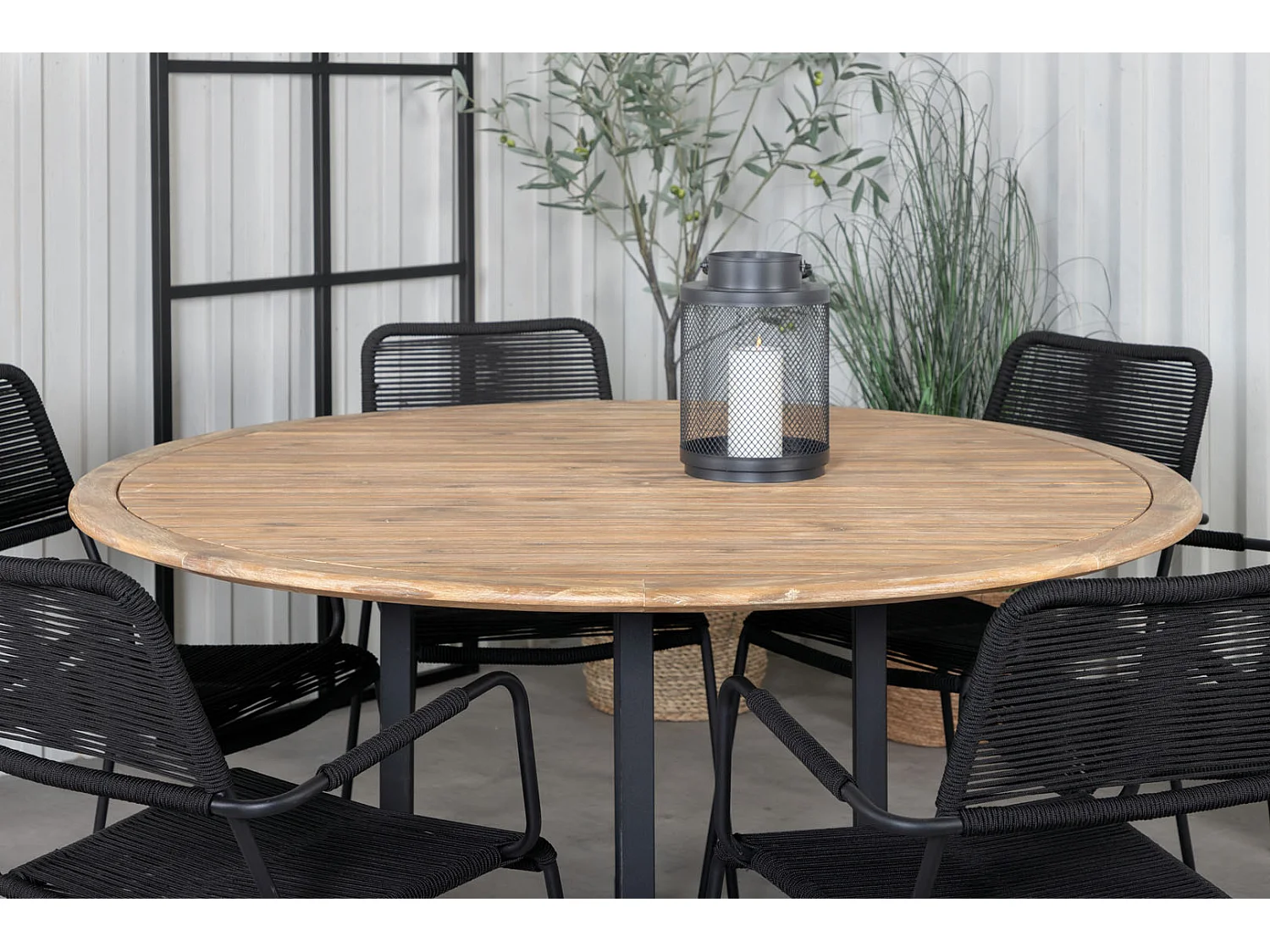 Cruz Ensemble table et chaises de jardin, table Ø140cm et 6 chaises Lindos avec accoudoirs, noir, naturel.