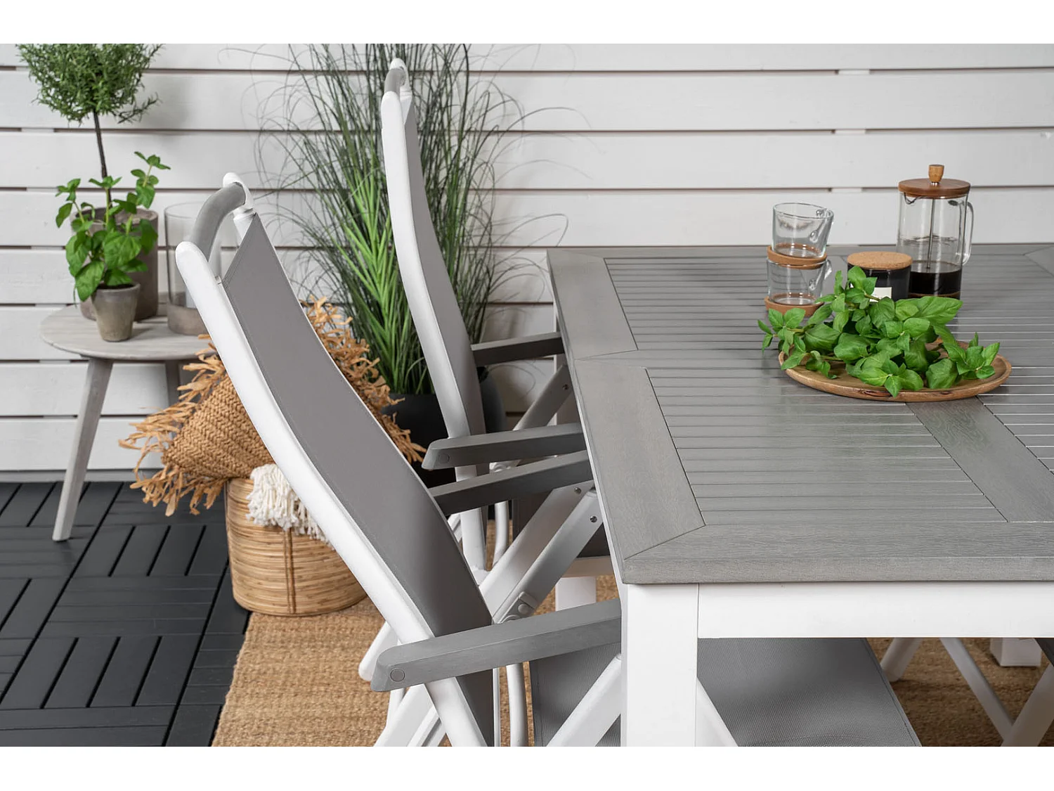 Albany Ensemble table et chaises de jardin, table 90x160/240cm et 4 chaises 5pos Albany, blanc, gris.