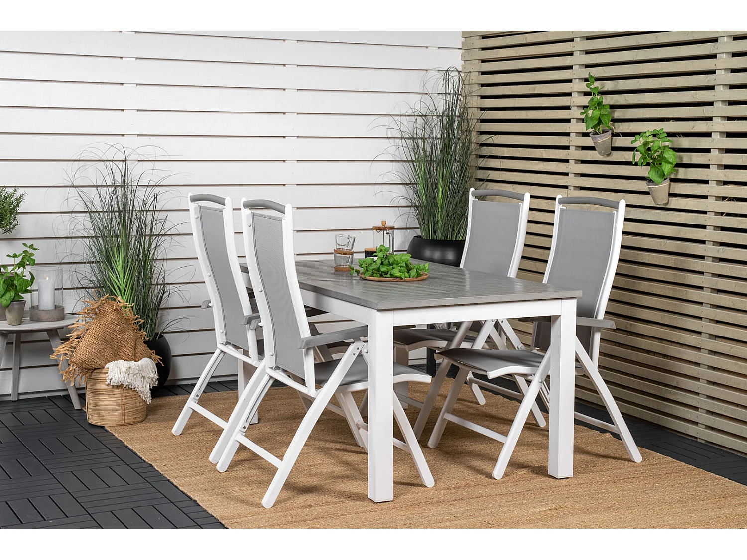 Albany Ensemble table et chaises de jardin, table 90x160/240cm et 4 chaises 5pos Albany, blanc, gris.