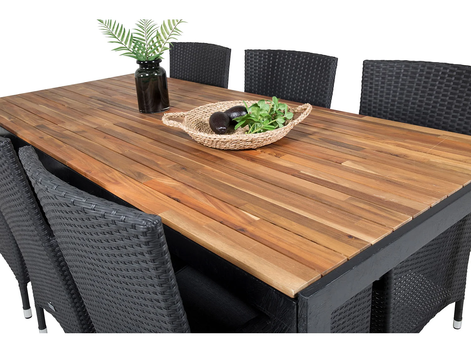 Bois Ensemble table et chaises de jardin, table 90x205cm et 6 chaises Malin, noir, naturel.