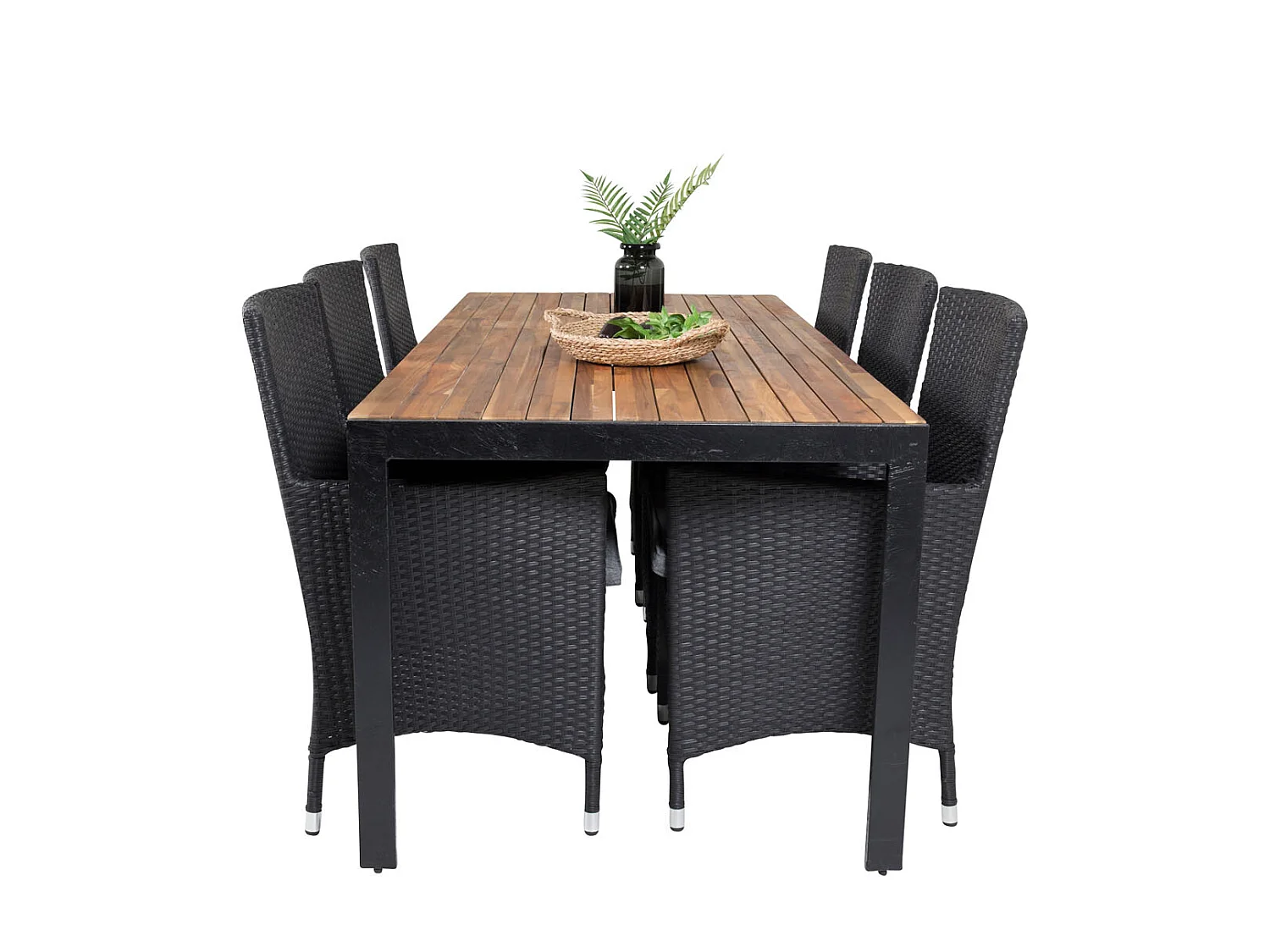 Bois Ensemble table et chaises de jardin, table 90x205cm et 6 chaises Malin, noir, naturel.