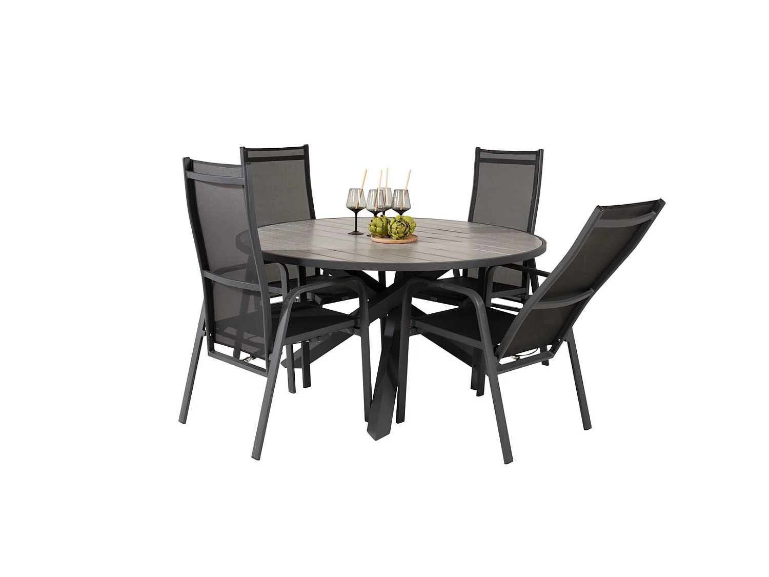 Parma Gartenset Tisch Ø140cm und 4 Stühle Copacabana schwarz, grau.