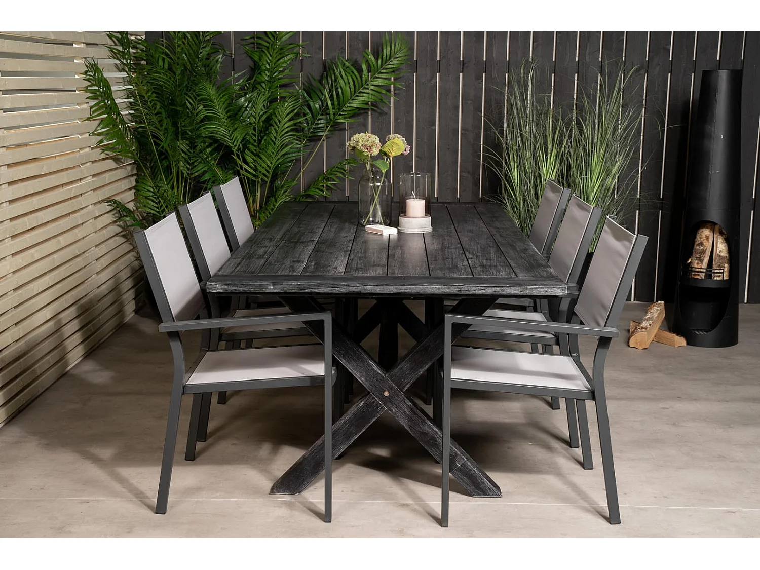 Rives tuinmeubelset tafel 200x100cm, 6 stoelen Copacabana, zwart,grijs.