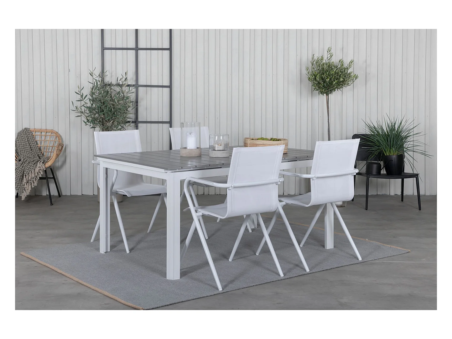 Levels Ensemble table et chaises de jardin, table 100x160/240cm et 4 chaises Alina, blanc, gris.