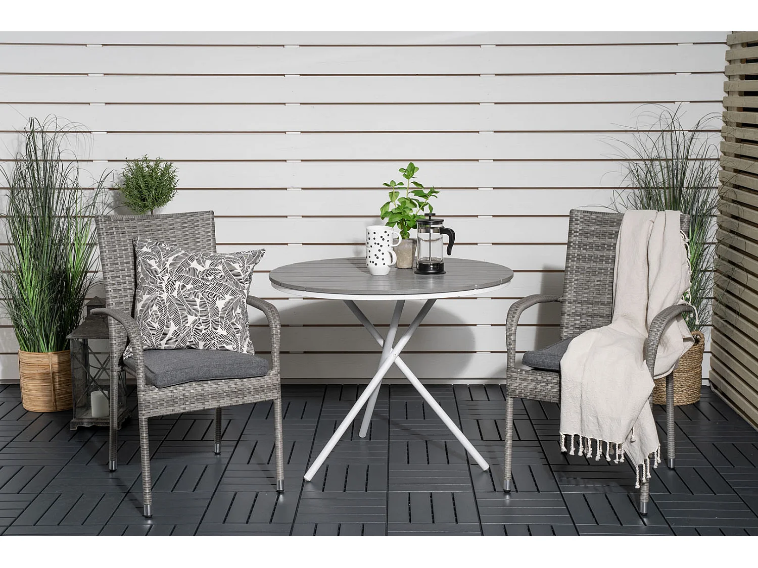Parma Ensemble table et chaises de jardin, table Ø90cm et 2 chaises Anna, gris, crème.