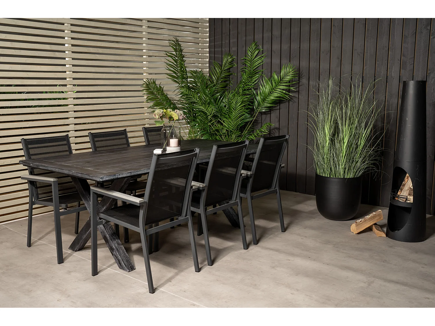 Rives Ensemble table et chaises de jardin, table 100x200cm et 6 chaises Parma, noir.