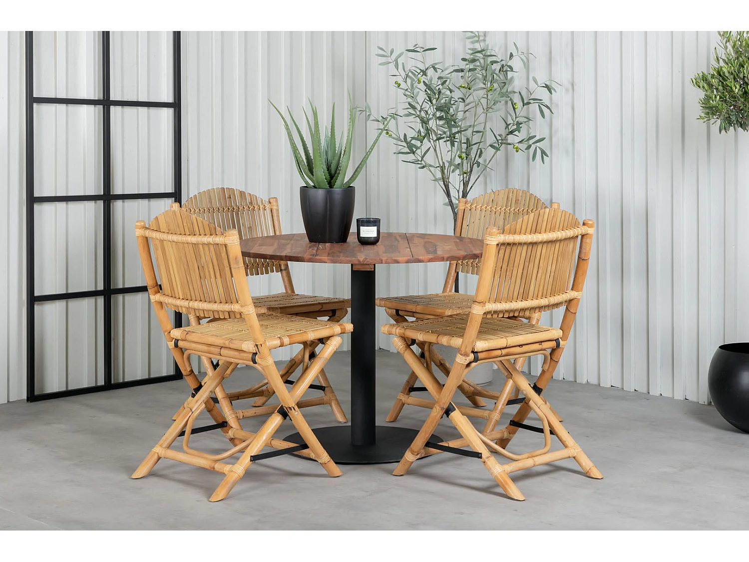 Cot Ensemble table et chaises de jardin, table Ø100cm et 4 chaises F Cane, gris clair, naturel.