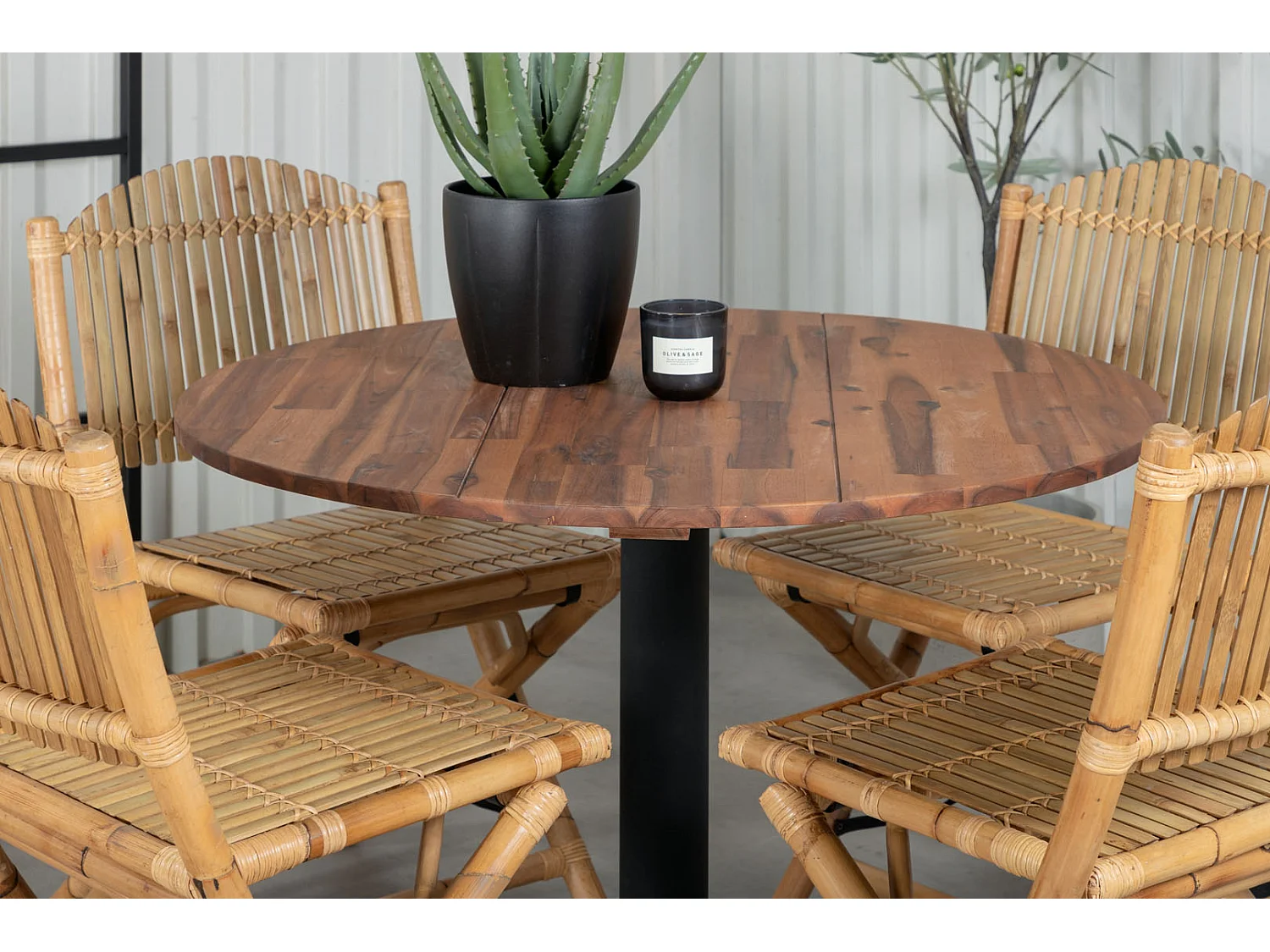 Cot Ensemble table et chaises de jardin, table Ø100cm et 4 chaises F Cane, gris clair, naturel.