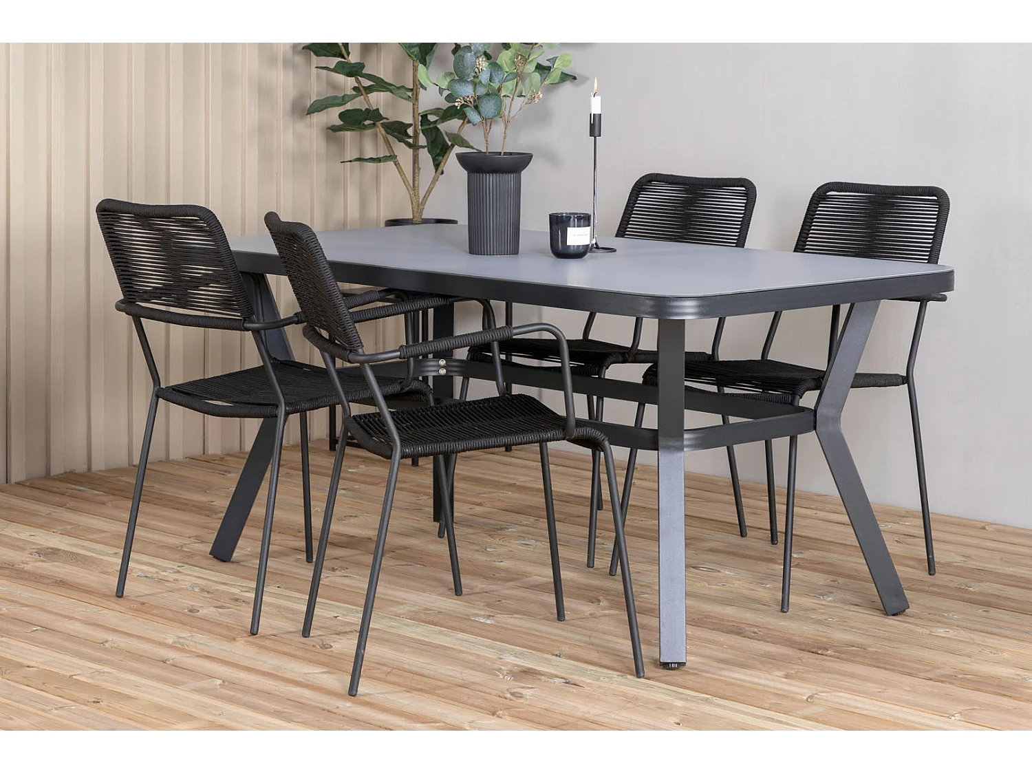 Virya Ensemble table et chaises de jardin, table 90x160cm et 4 chaises avec accoudoirs S Lindos, noir, gris.