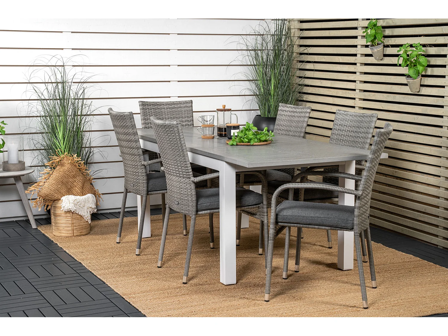 Albany Ensemble table et chaises de jardin, table 90x152/210cm et 6 chaises Anna, gris, crème.