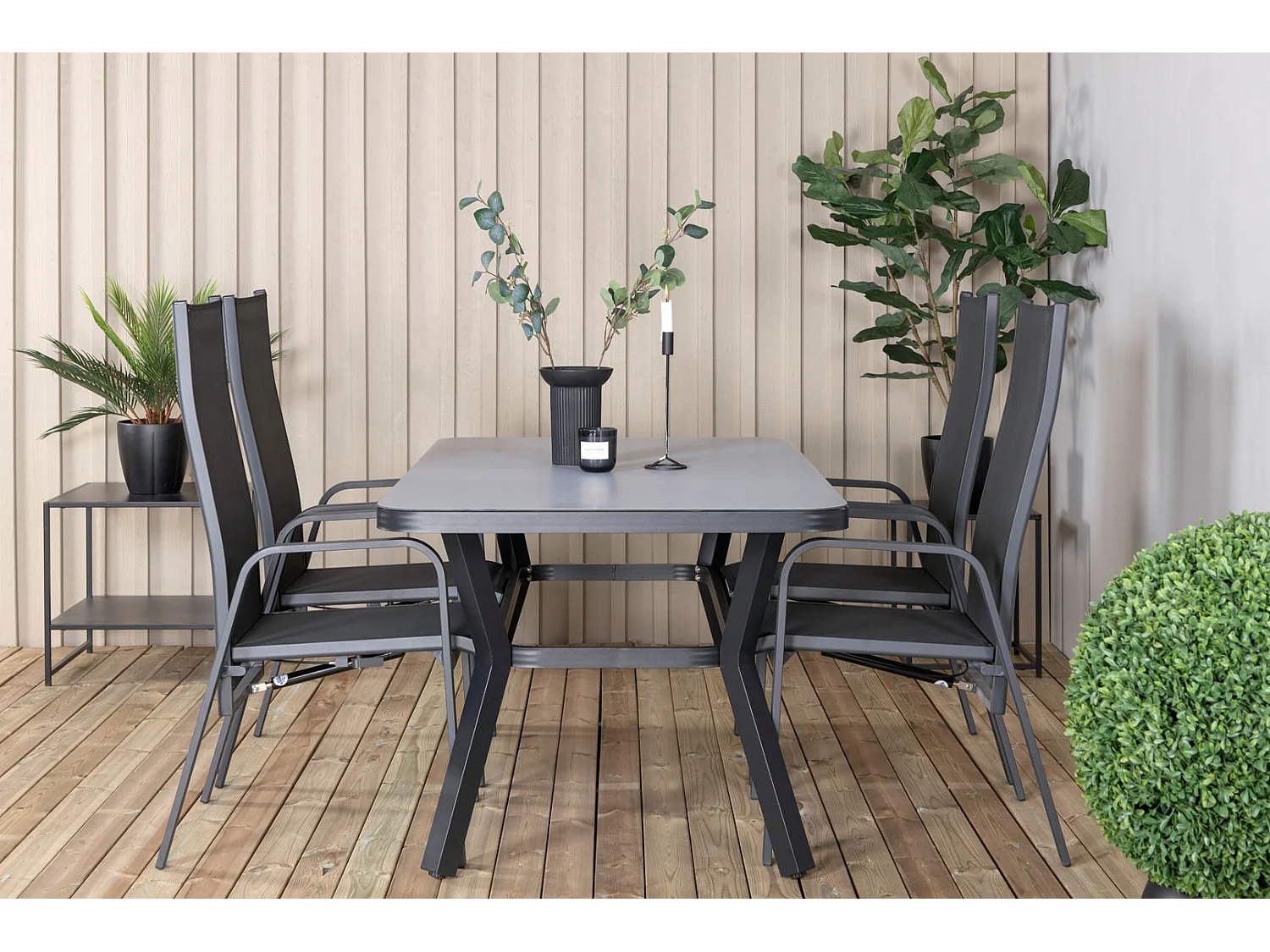 Virya Ensemble table et chaises de jardin, table 90x160cm et 4 chaises Copacabana, noir, gris.