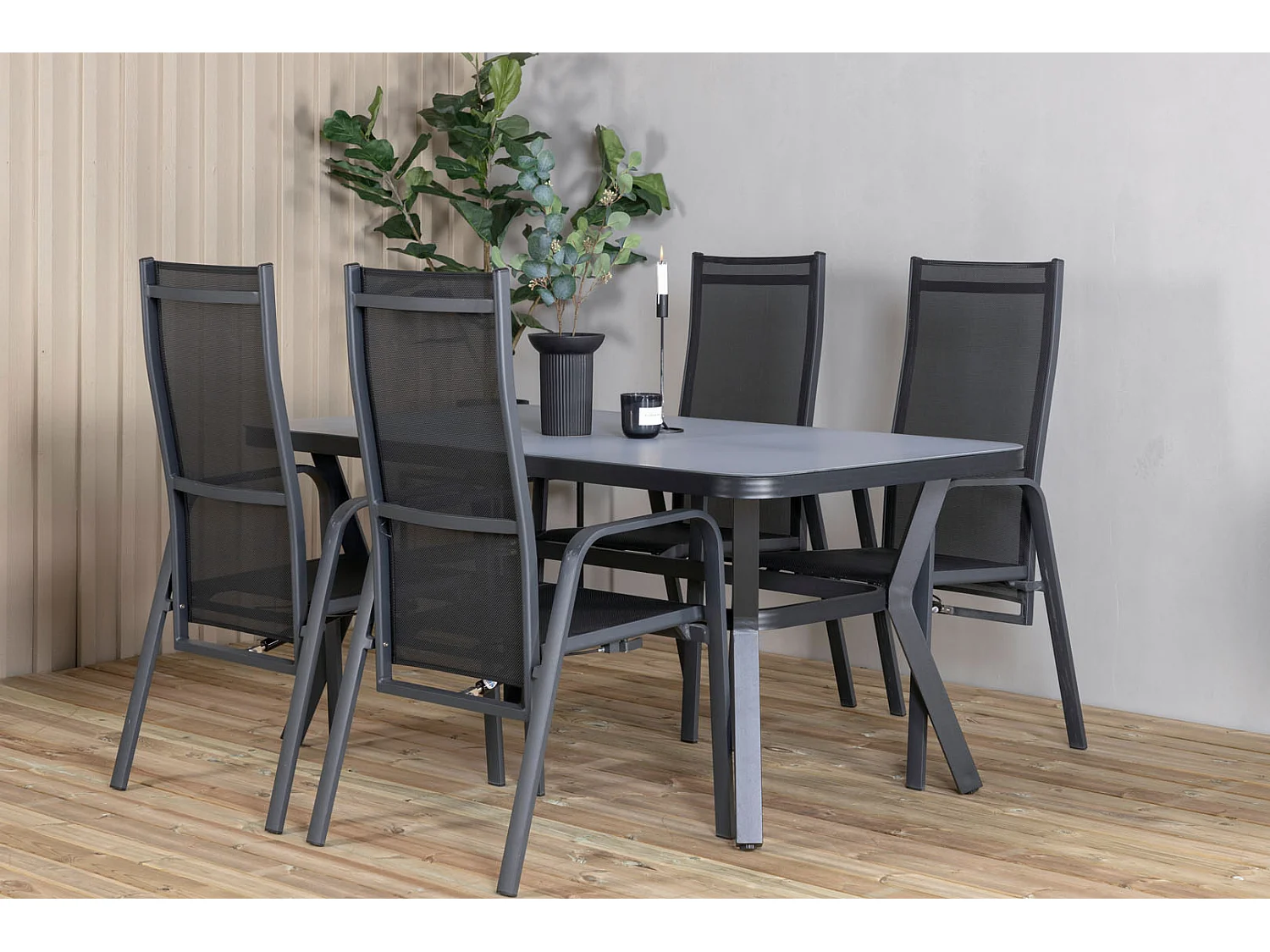 Virya Ensemble table et chaises de jardin, table 90x160cm et 4 chaises Copacabana, noir, gris.