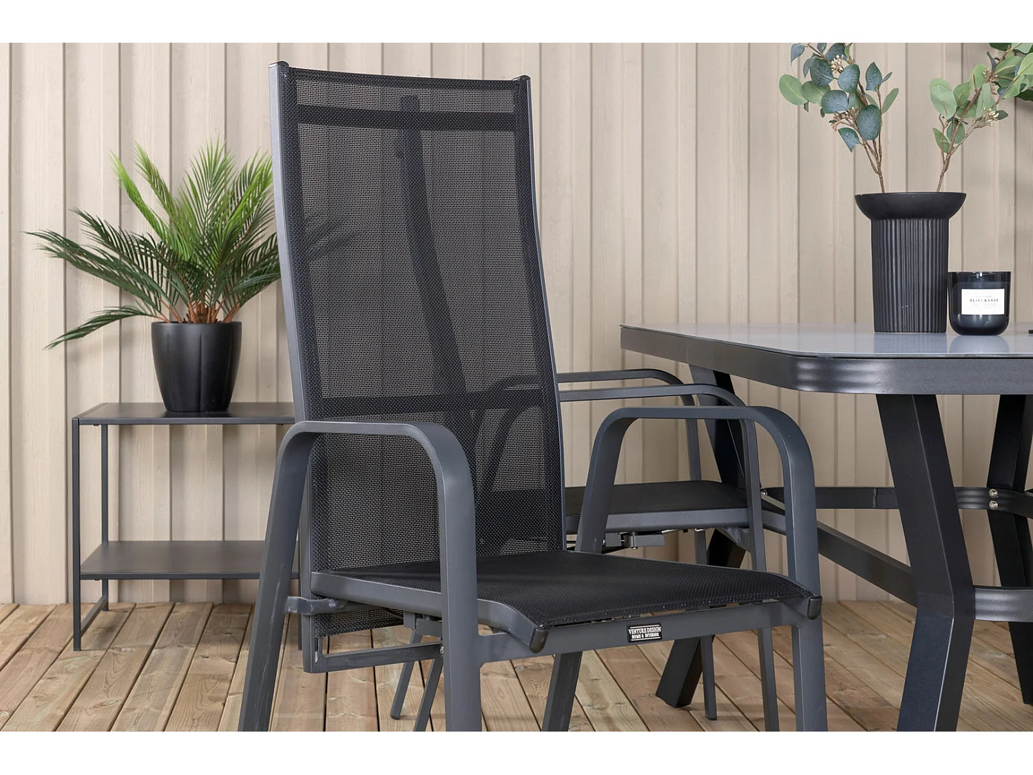 Virya Ensemble table et chaises de jardin, table 90x160cm et 4 chaises Copacabana, noir, gris.