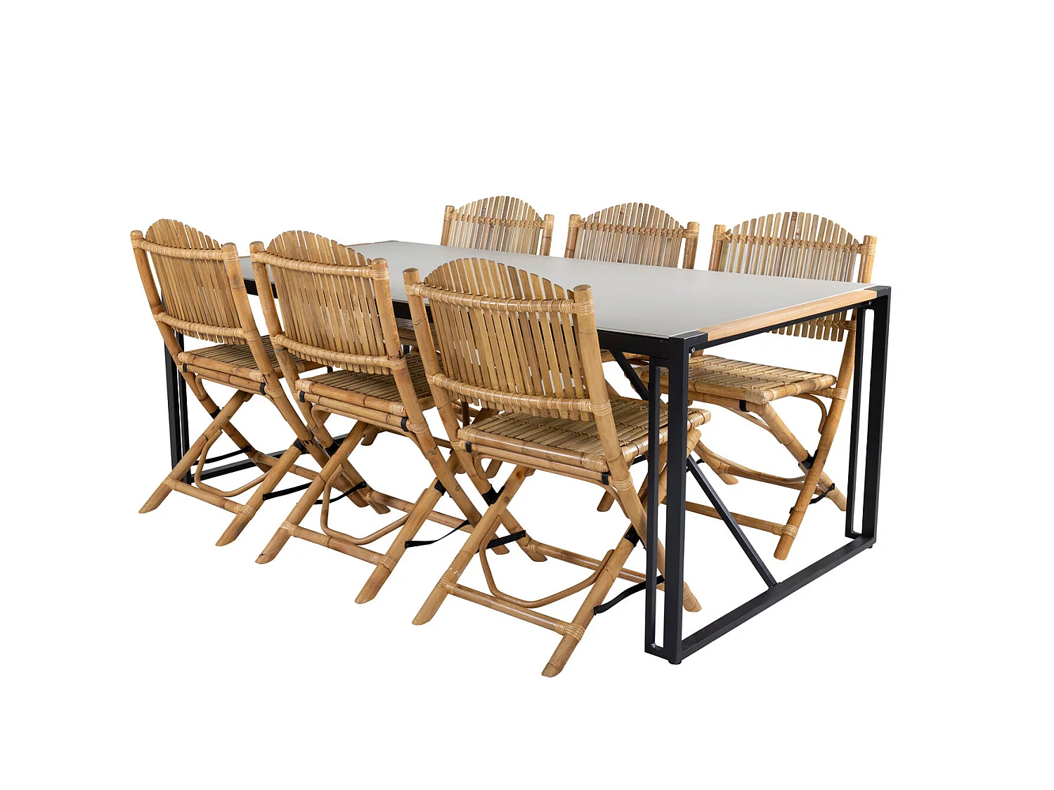 Texas Ensemble table et chaises de jardin, table 100x200cm et 6 chaises Cane, gris, naturel, noir.