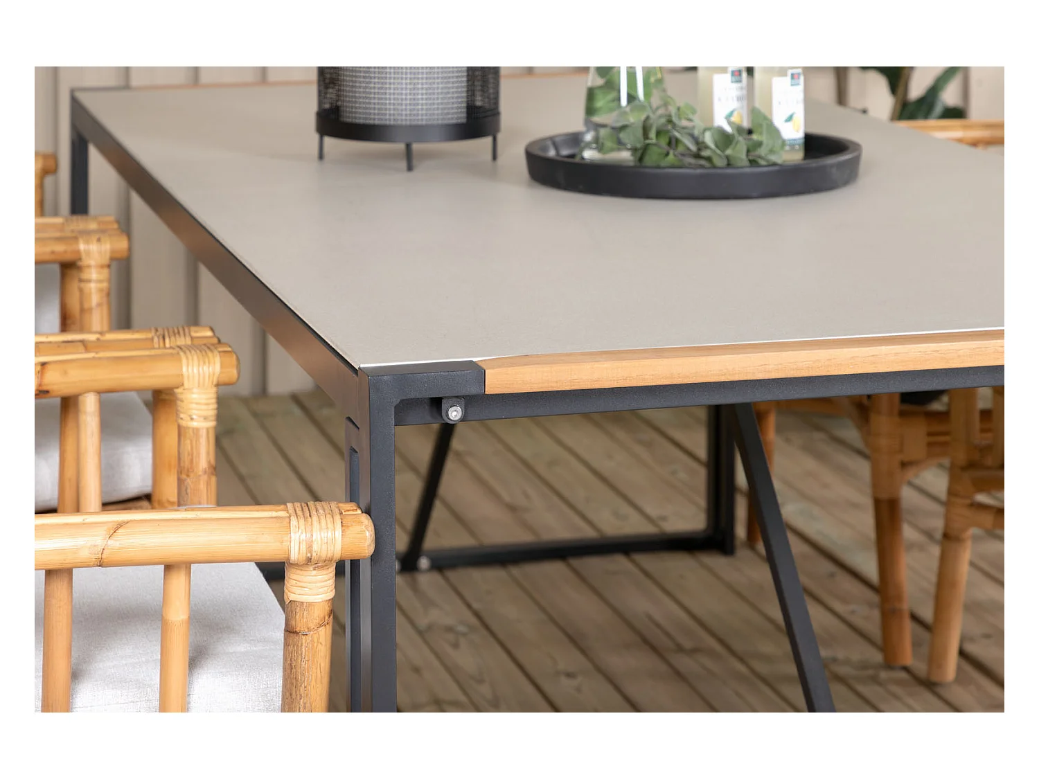 Texas Ensemble table et chaises de jardin, table 100x200cm et 6 chaises Cane, gris, naturel, noir.