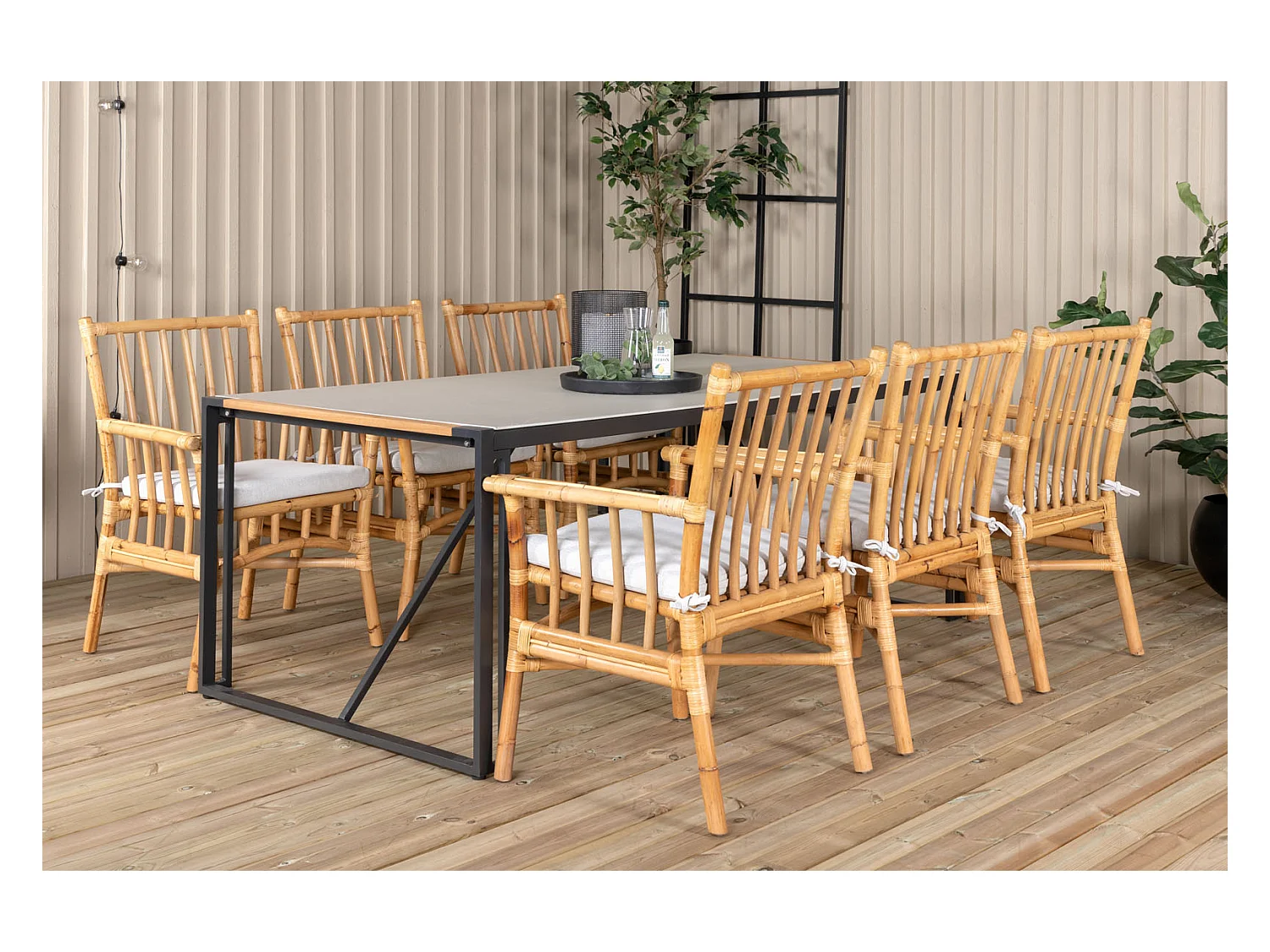 Texas Ensemble table et chaises de jardin, table 100x200cm et 6 chaises Cane, gris, naturel, noir.
