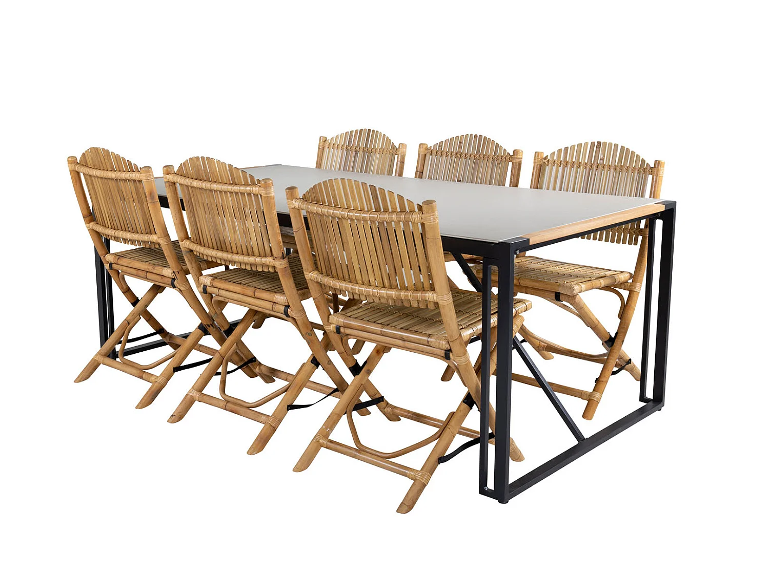 Texas Ensemble table et chaises de jardin, table 100x200cm et 6 chaises Cane, gris, naturel, noir.