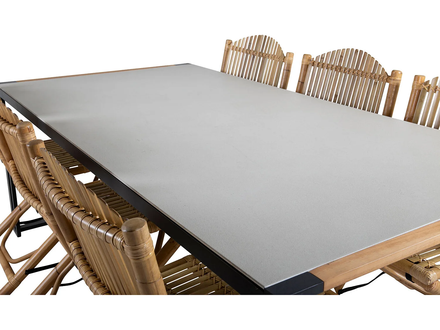 Texas Ensemble table et chaises de jardin, table 100x200cm et 6 chaises Cane, gris, naturel, noir.