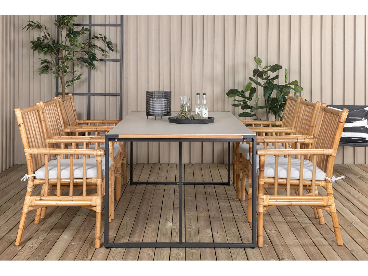 Texas Ensemble table et chaises de jardin, table 100x200cm et 6 chaises Cane, gris, naturel, noir.