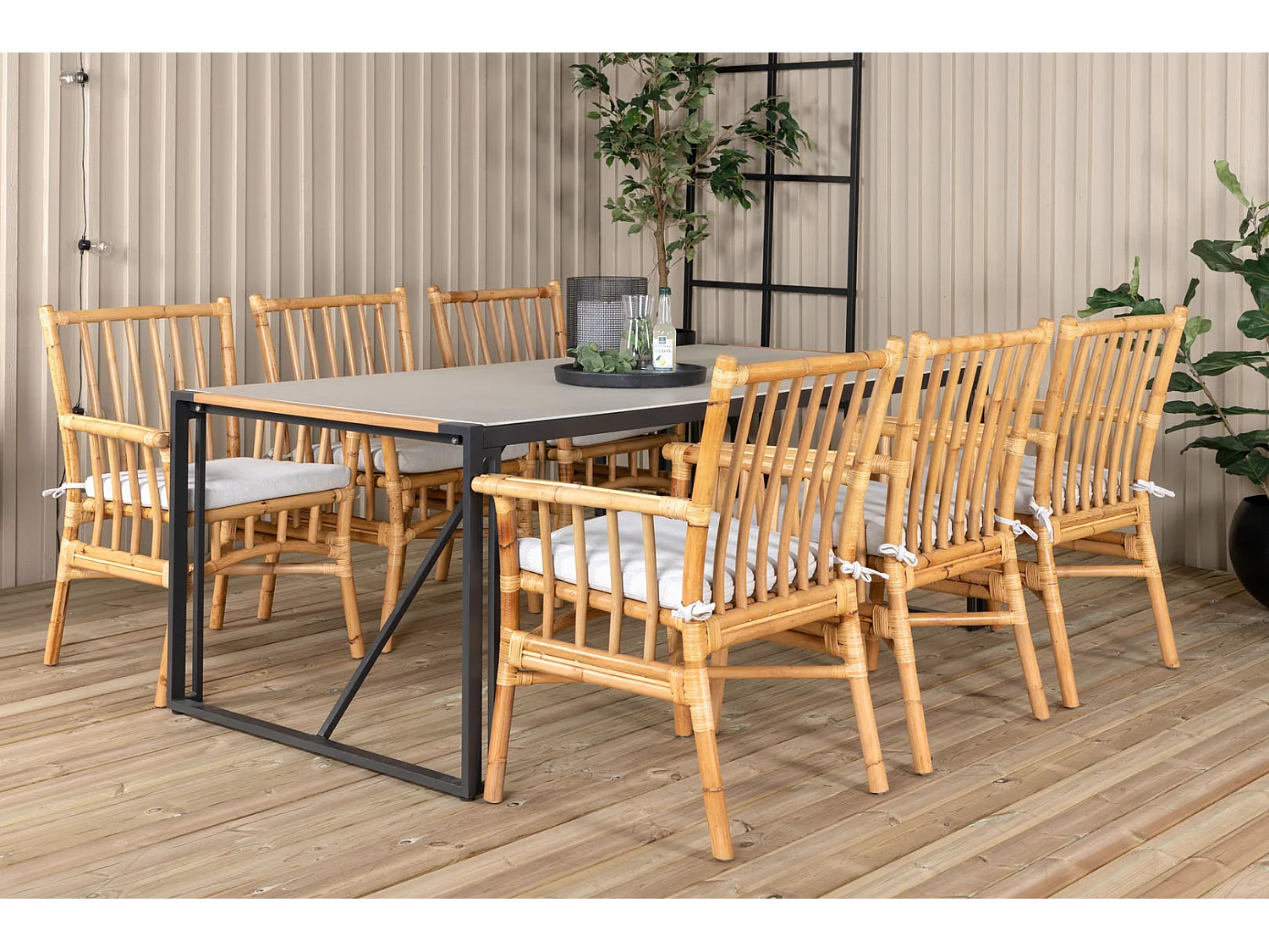 Texas Ensemble table et chaises de jardin, table 100x200cm et 6 chaises Cane, gris, naturel, noir.