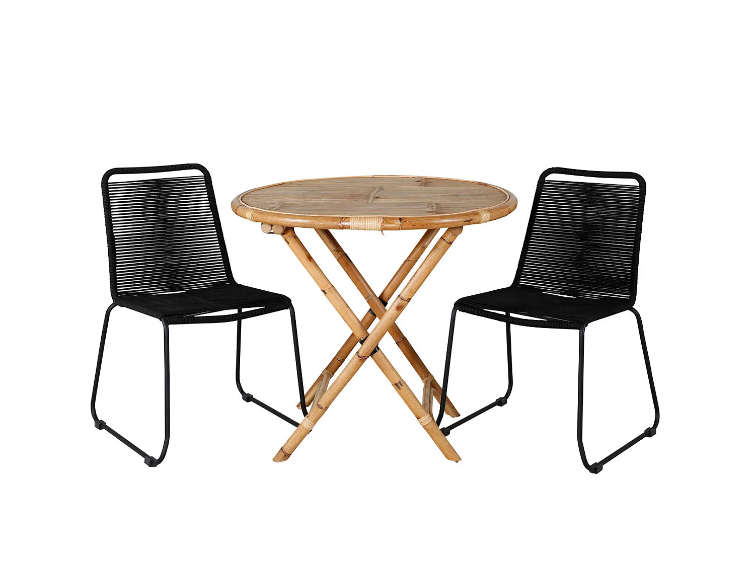 Cane tuinmeubelset tafel Ø80cm en 2 stoel S Lindos zwart, naturel.