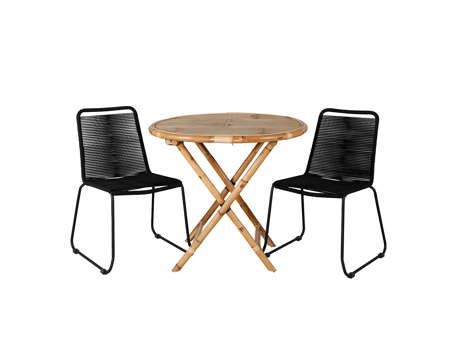 Cane Ensemble table et chaises de jardin, table Ø80cm et 2 chaises S Lindos, noir, naturel.