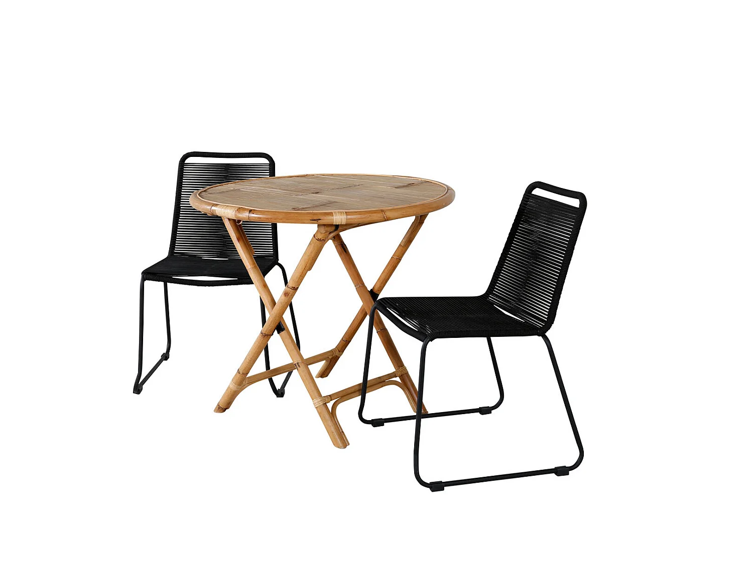 Cane Ensemble table et chaises de jardin, table Ø80cm et 2 chaises S Lindos, noir, naturel.