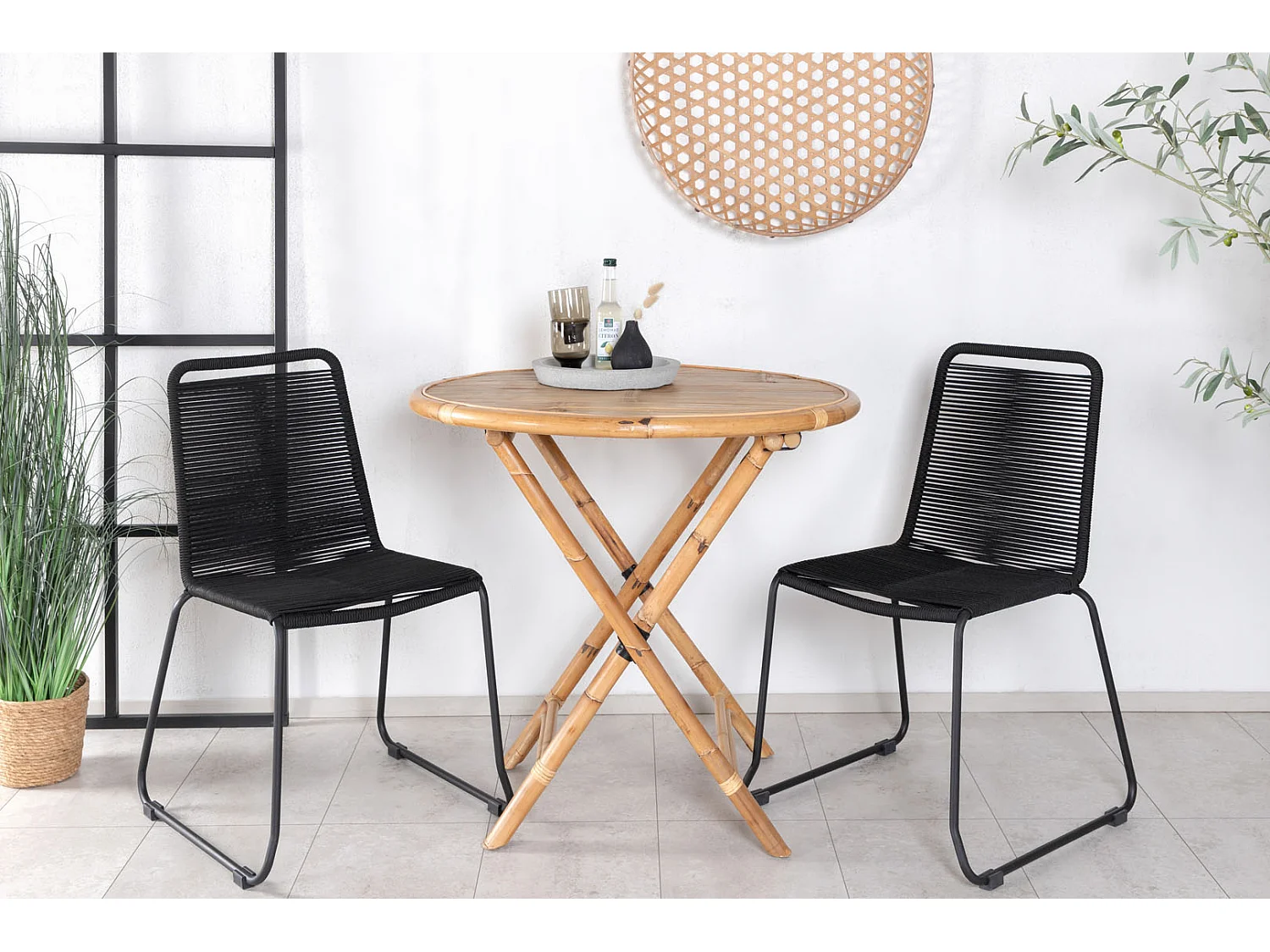 Cane Ensemble table et chaises de jardin, table Ø80cm et 2 chaises S Lindos, noir, naturel.
