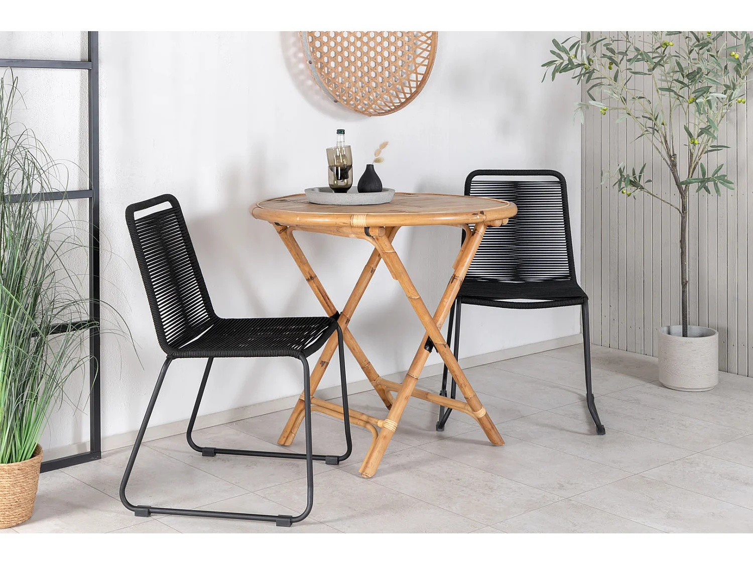 Cane Ensemble table et chaises de jardin, table Ø80cm et 2 chaises S Lindos, noir, naturel.