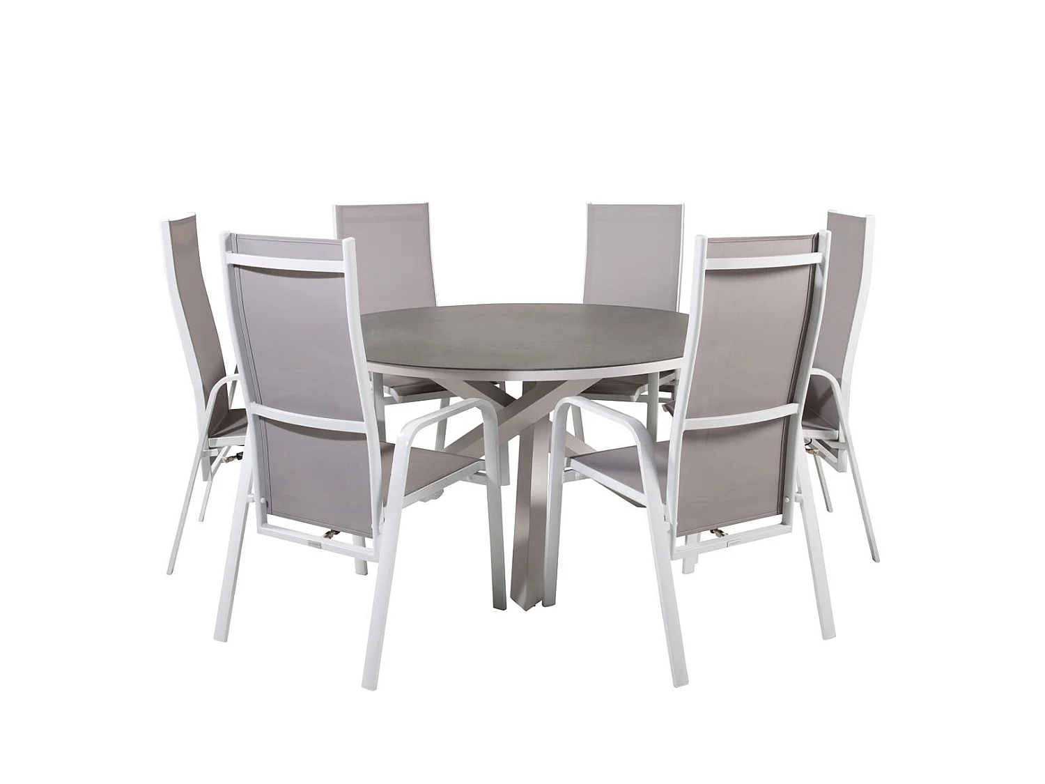 Copacabana Ensemble table et chaises de jardin, table Ø140cm et 6 chaises rec Copacabana, blanc, gris, crème.