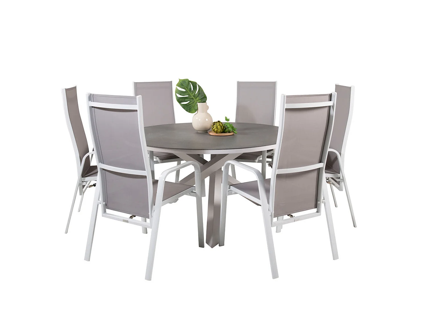 Copacabana Ensemble table et chaises de jardin, table Ø140cm et 6 chaises rec Copacabana, blanc, gris, crème.