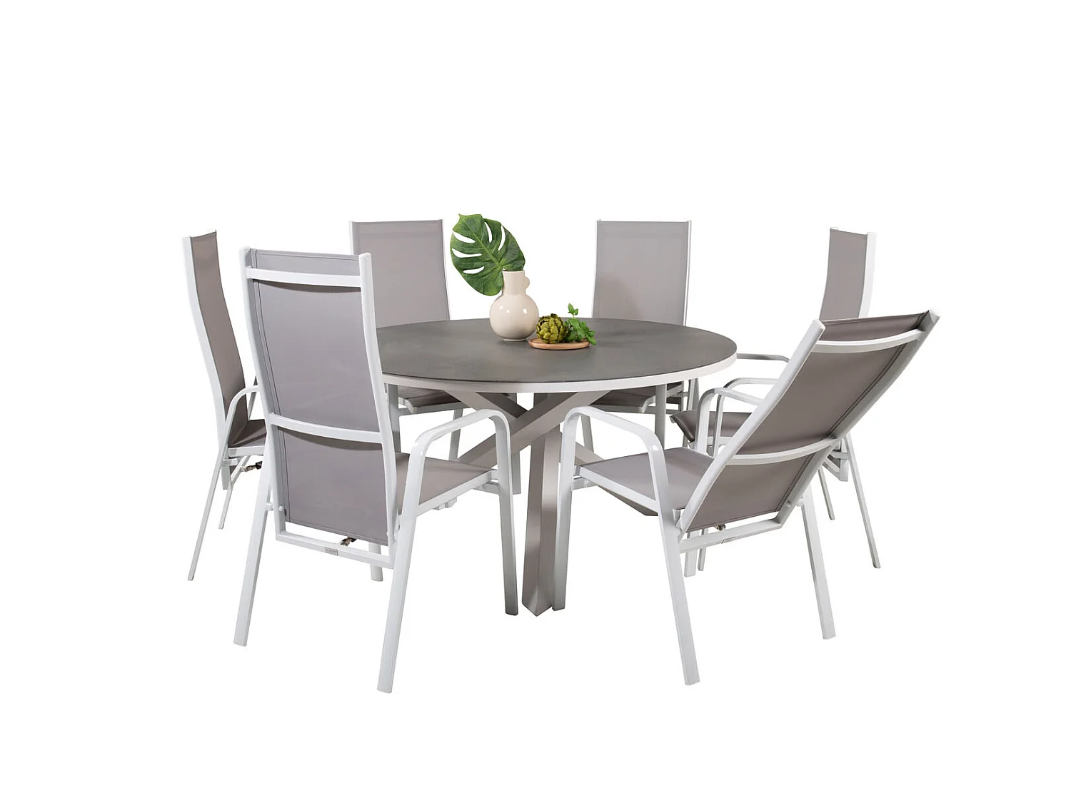 Copacabana Ensemble table et chaises de jardin, table Ø140cm et 6 chaises rec Copacabana, blanc, gris, crème.