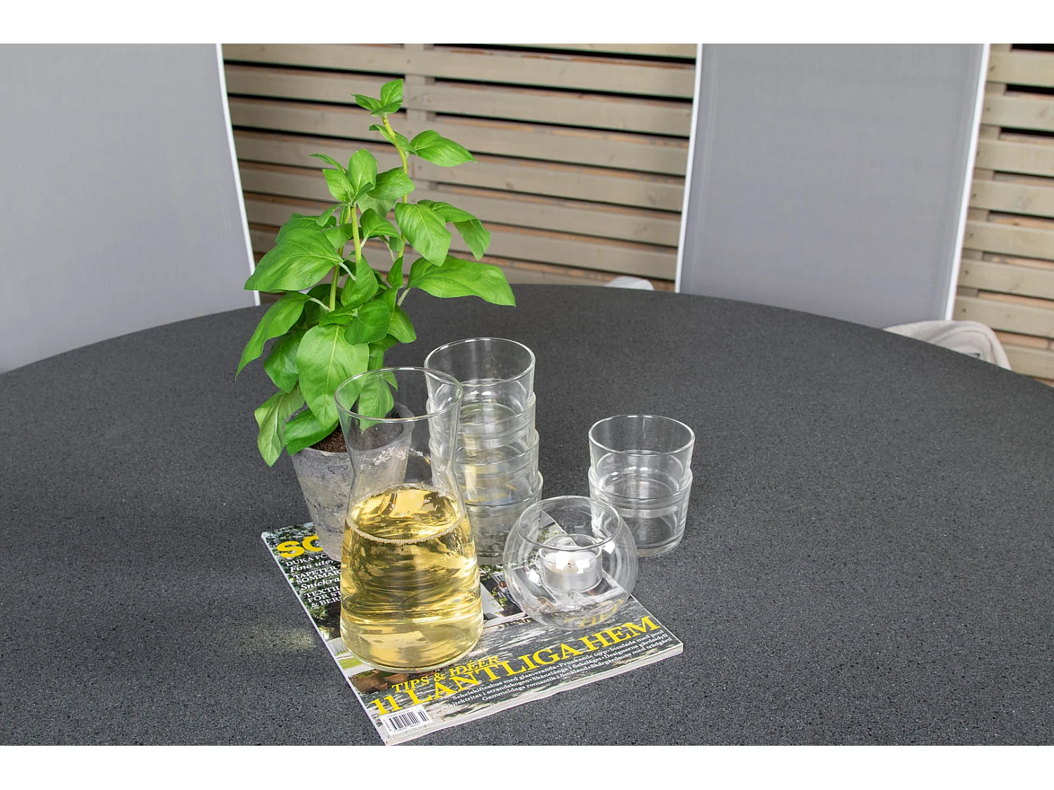 Copacabana Ensemble table et chaises de jardin, table Ø140cm et 6 chaises rec Copacabana, blanc, gris, crème.