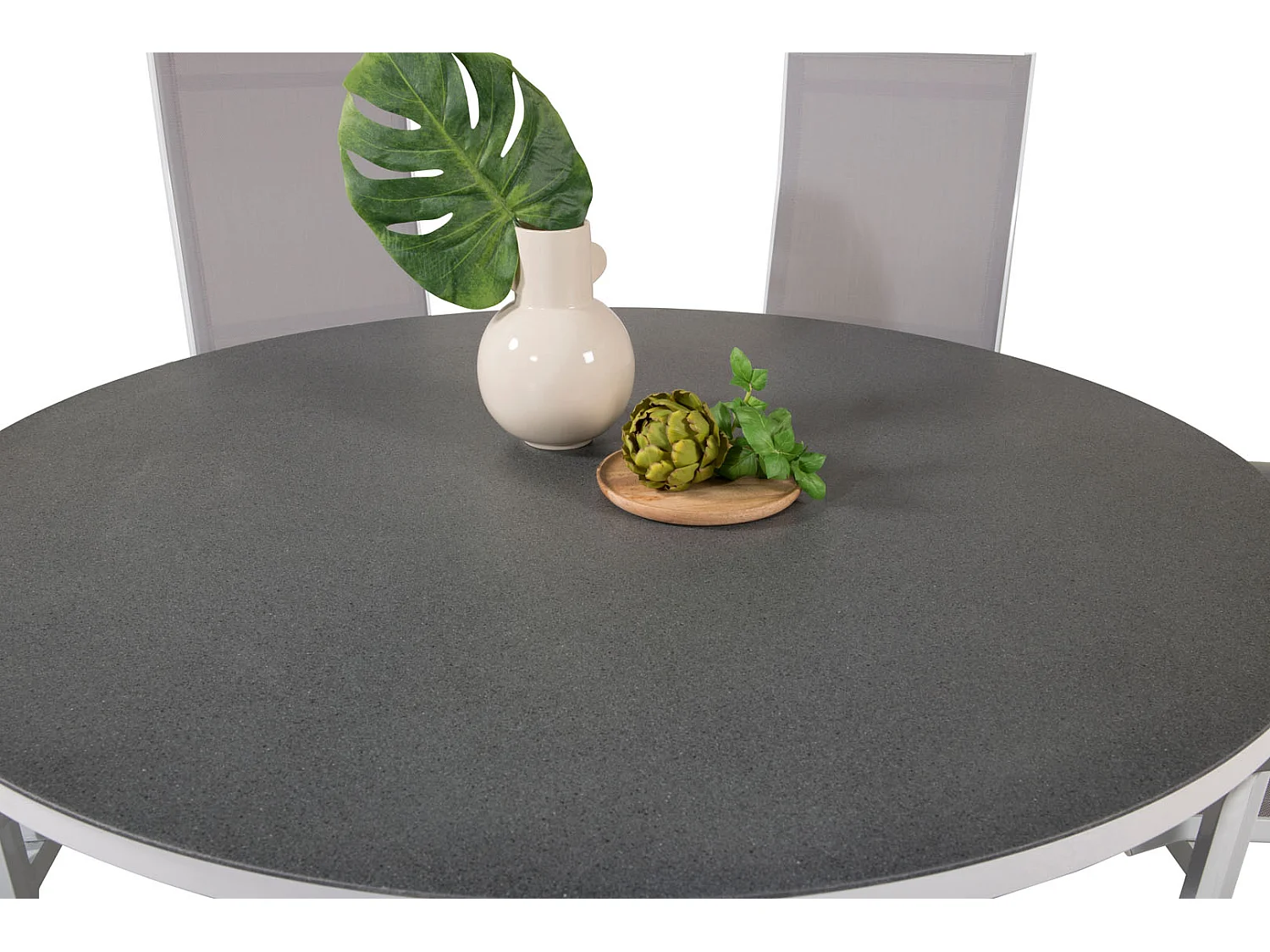 Copacabana Ensemble table et chaises de jardin, table Ø140cm et 6 chaises rec Copacabana, blanc, gris, crème.